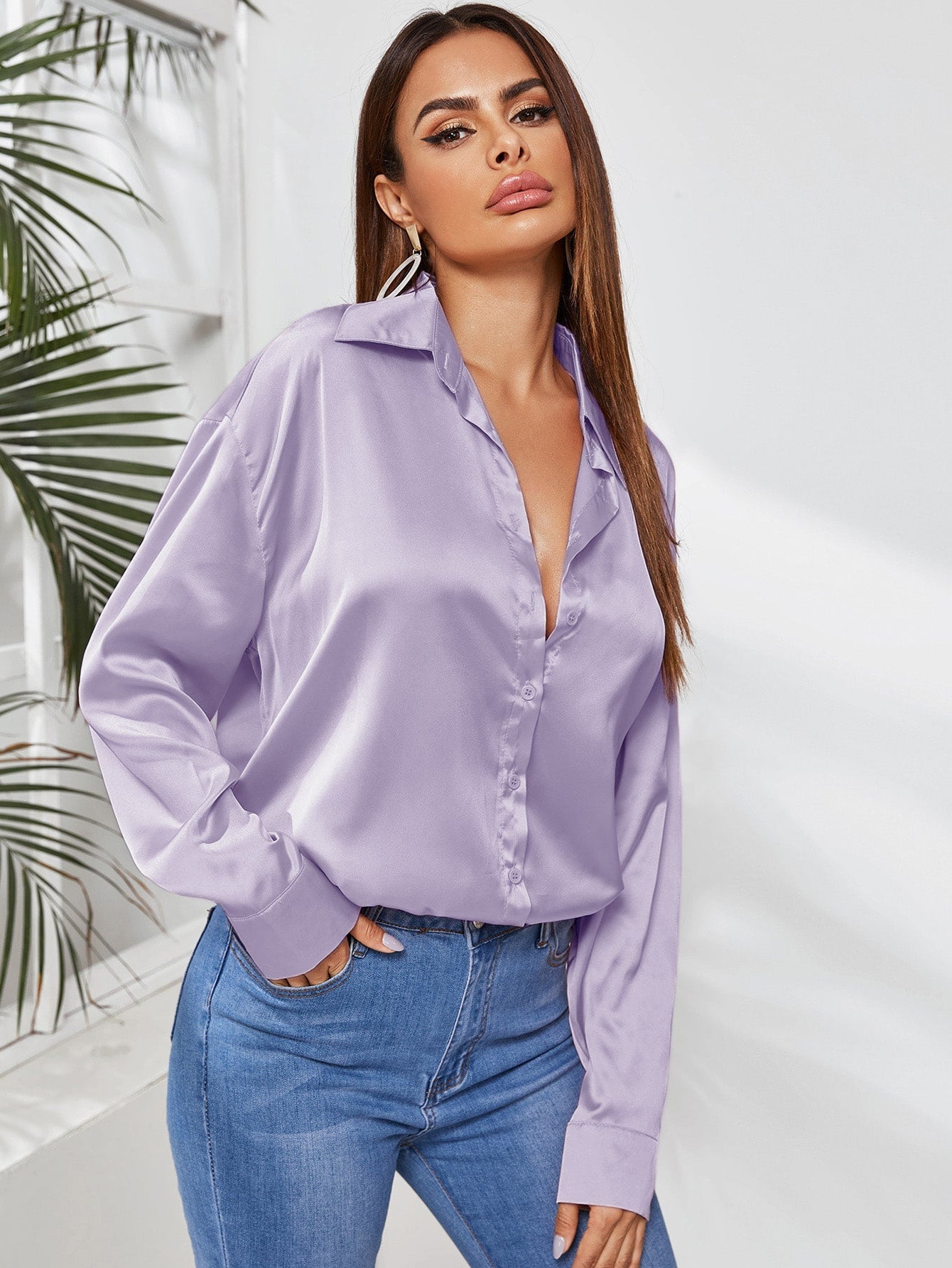 Privé Solid Button Front Satin Shirt