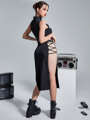 ICON Mock Neck Lace Up Side Split Thigh Dress Without Panty