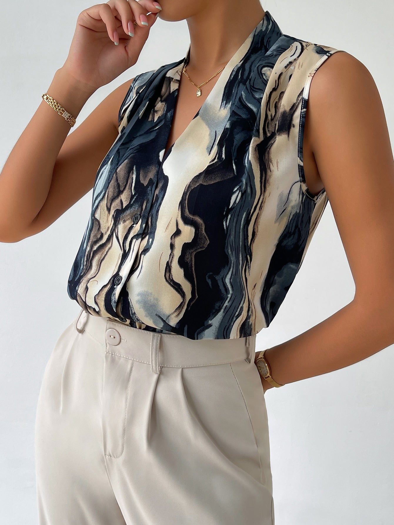 Privé Marble Print Button Front Blouse