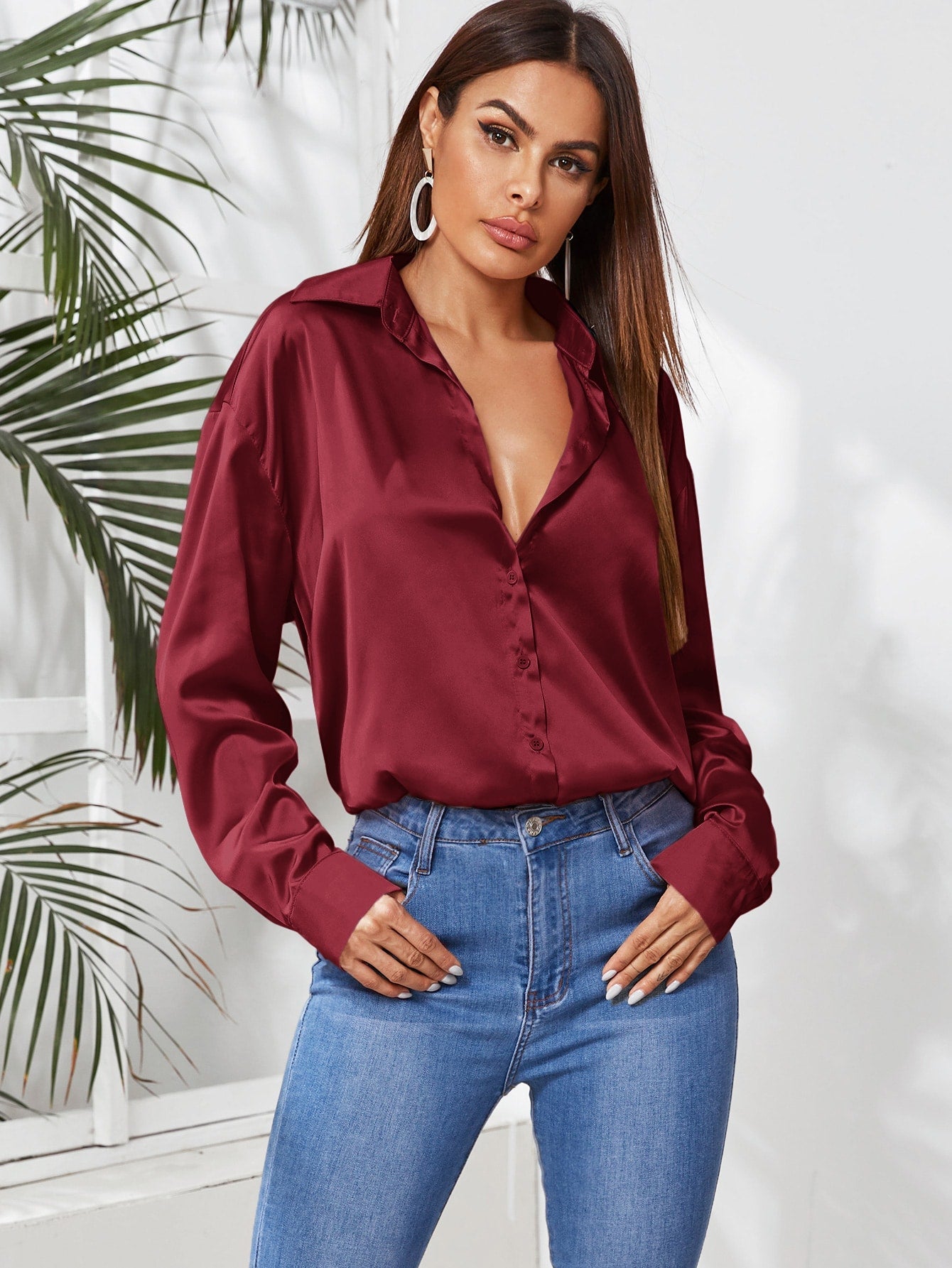 Privé Solid Button Front Satin Shirt