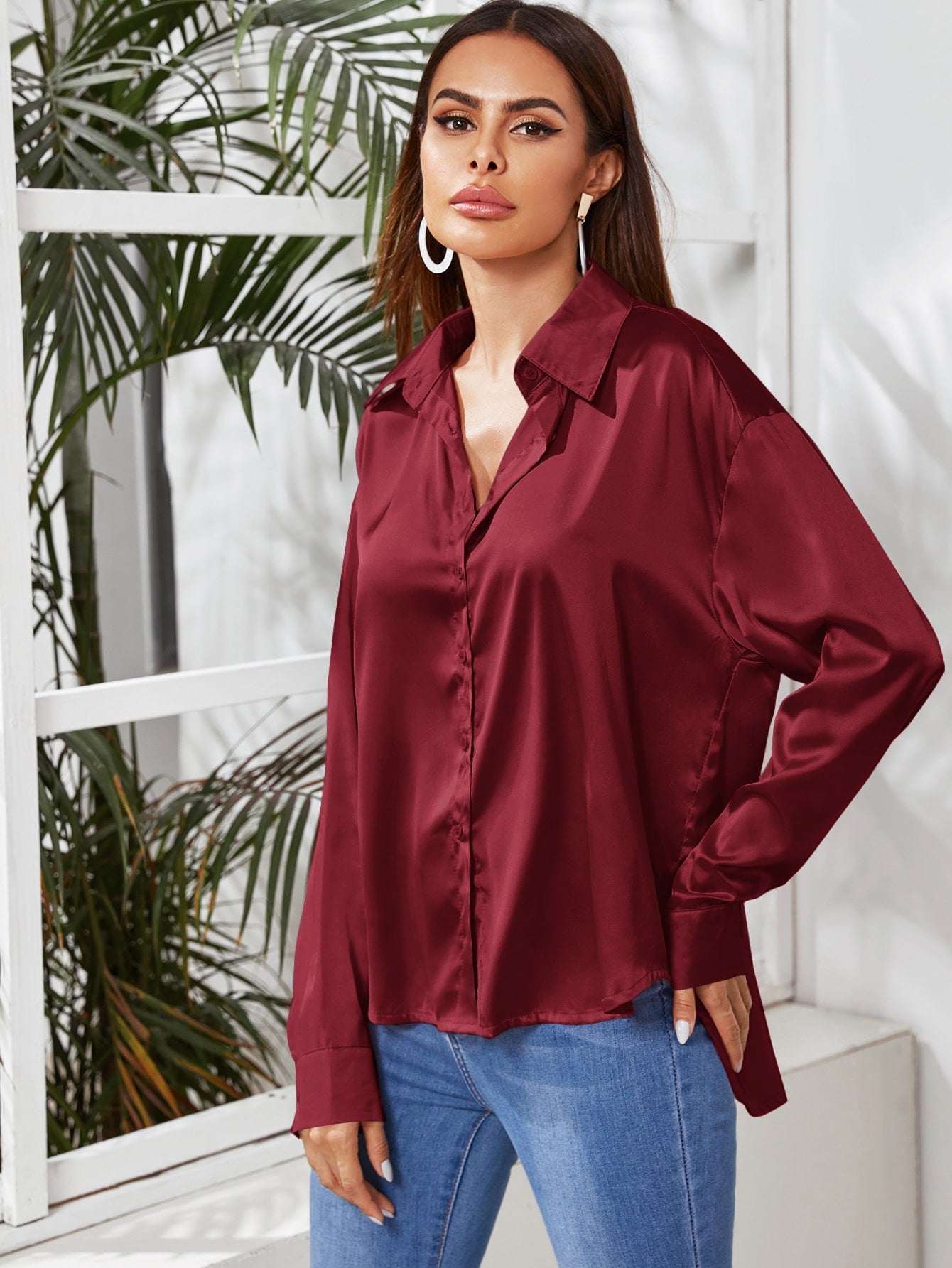 Privé Solid Button Front Satin Shirt