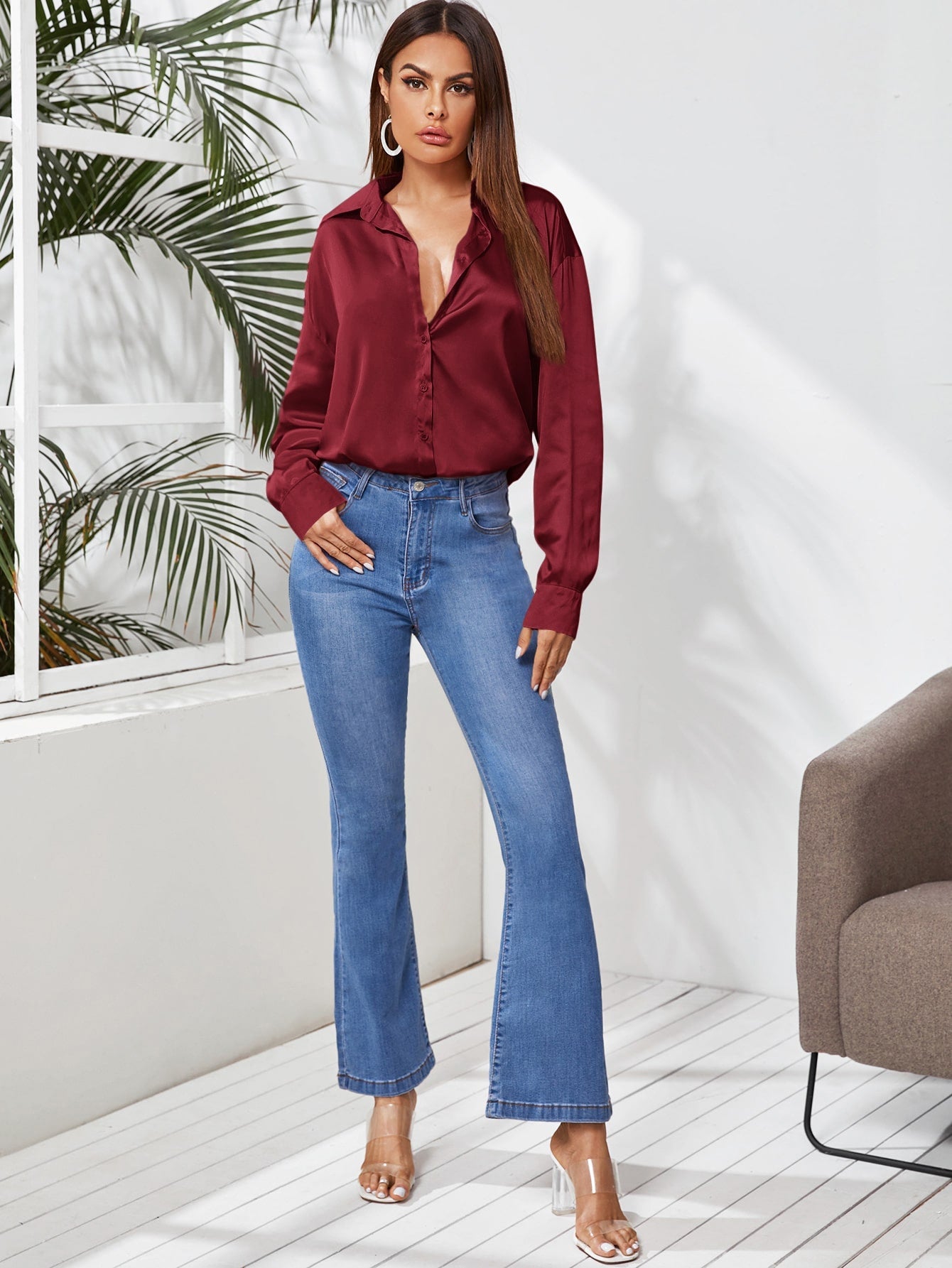 Privé Solid Button Front Satin Shirt