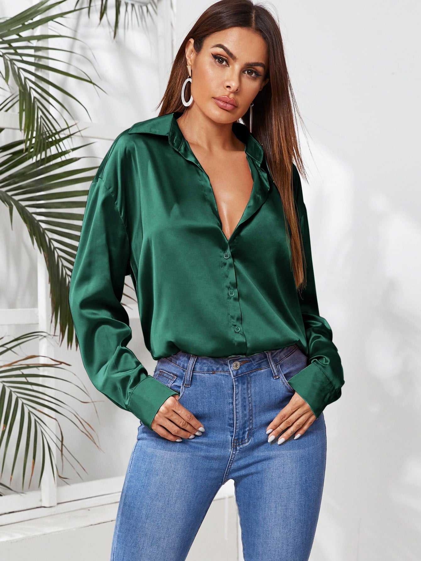 Privé Solid Button Front Satin Shirt