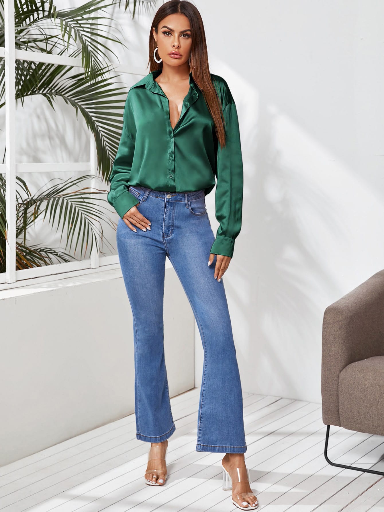 Privé Solid Button Front Satin Shirt