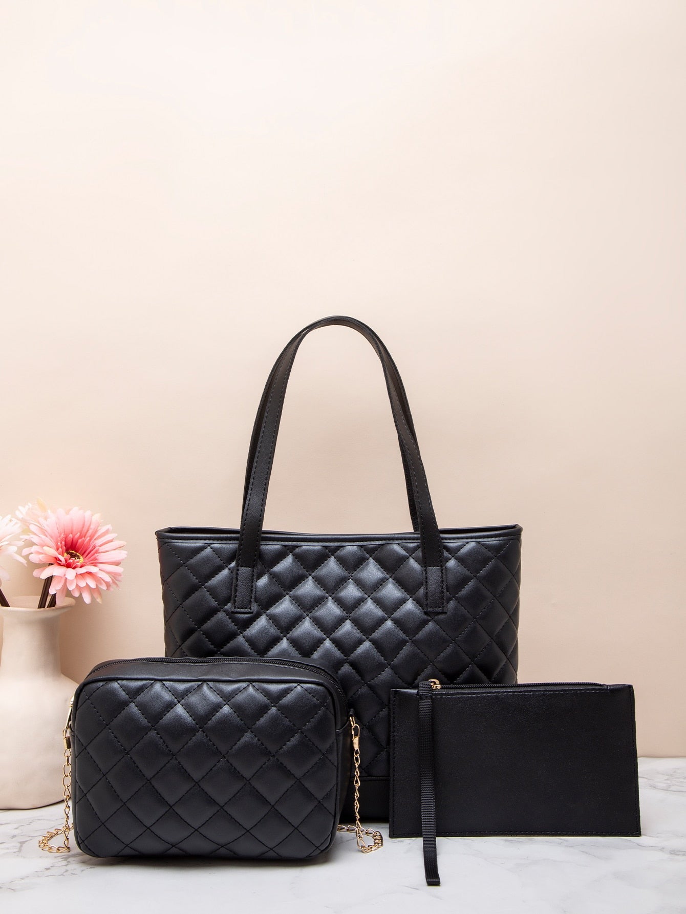 3pcs Quilted Metal Decor Shoulder Tote Bag Set, Best Work Bag For Women