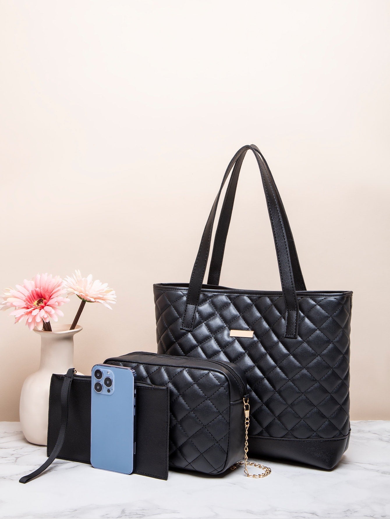 3pcs Quilted Metal Decor Shoulder Tote Bag Set, Best Work Bag For Women