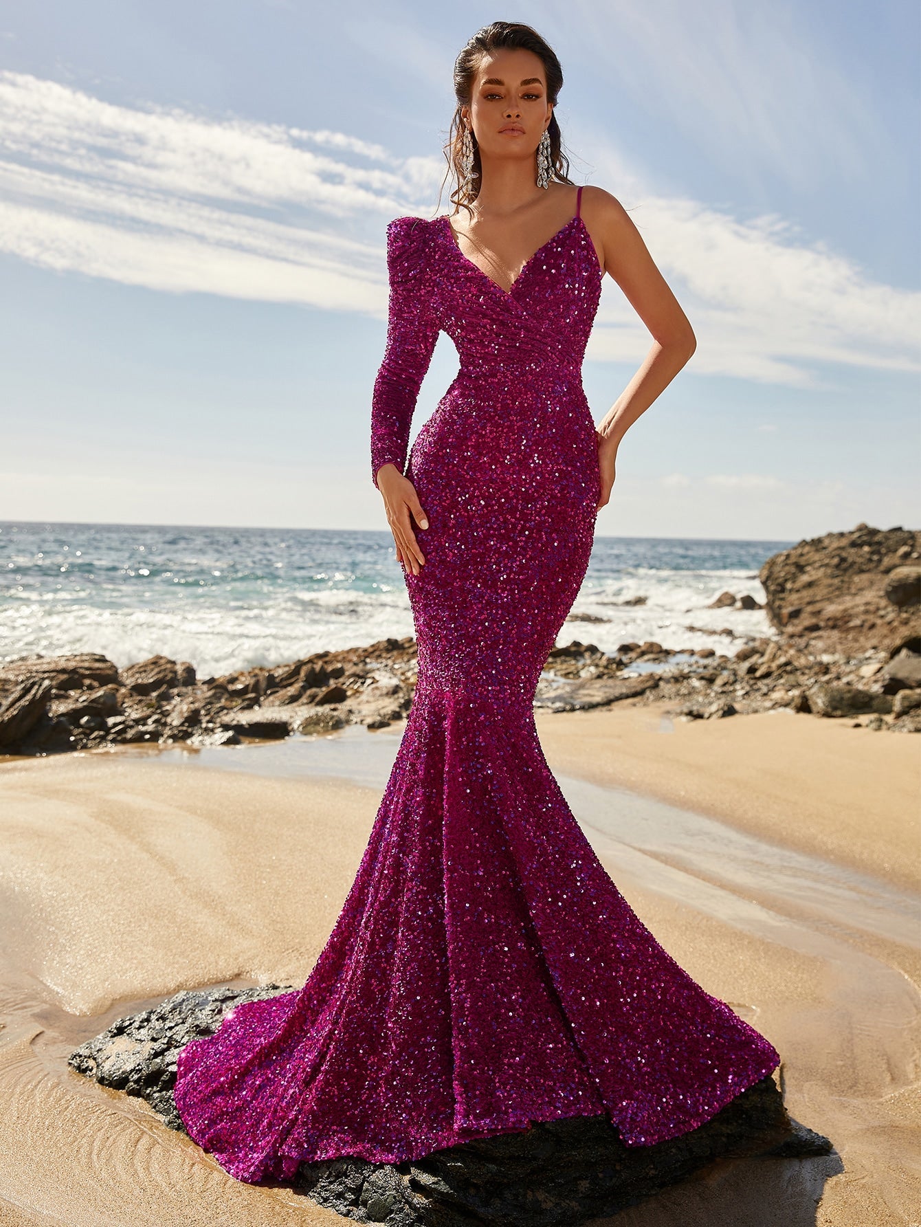 Asymmetrical Neck Sequin Prom Dress