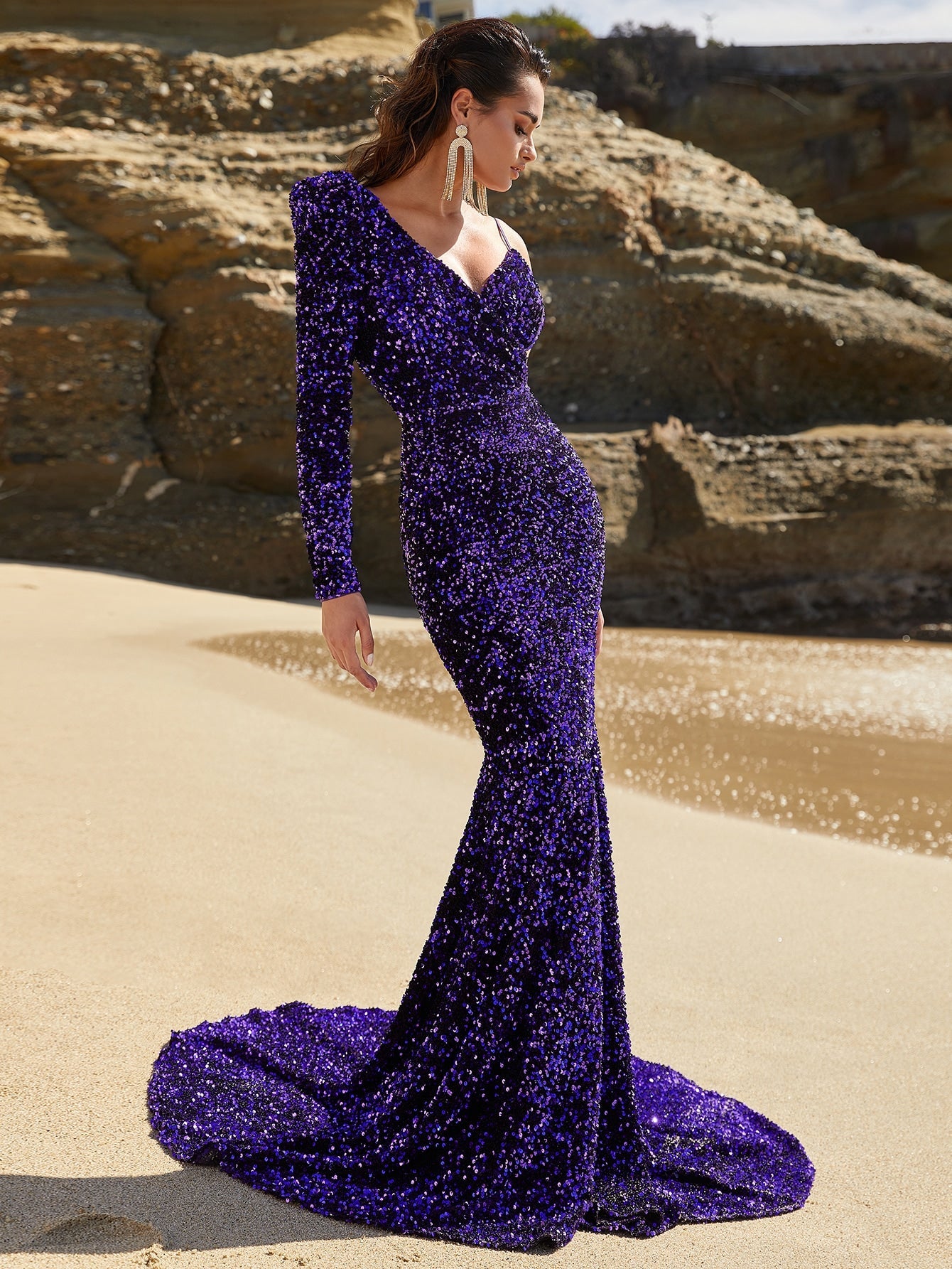 Asymmetrical Neck Sequin Prom Dress