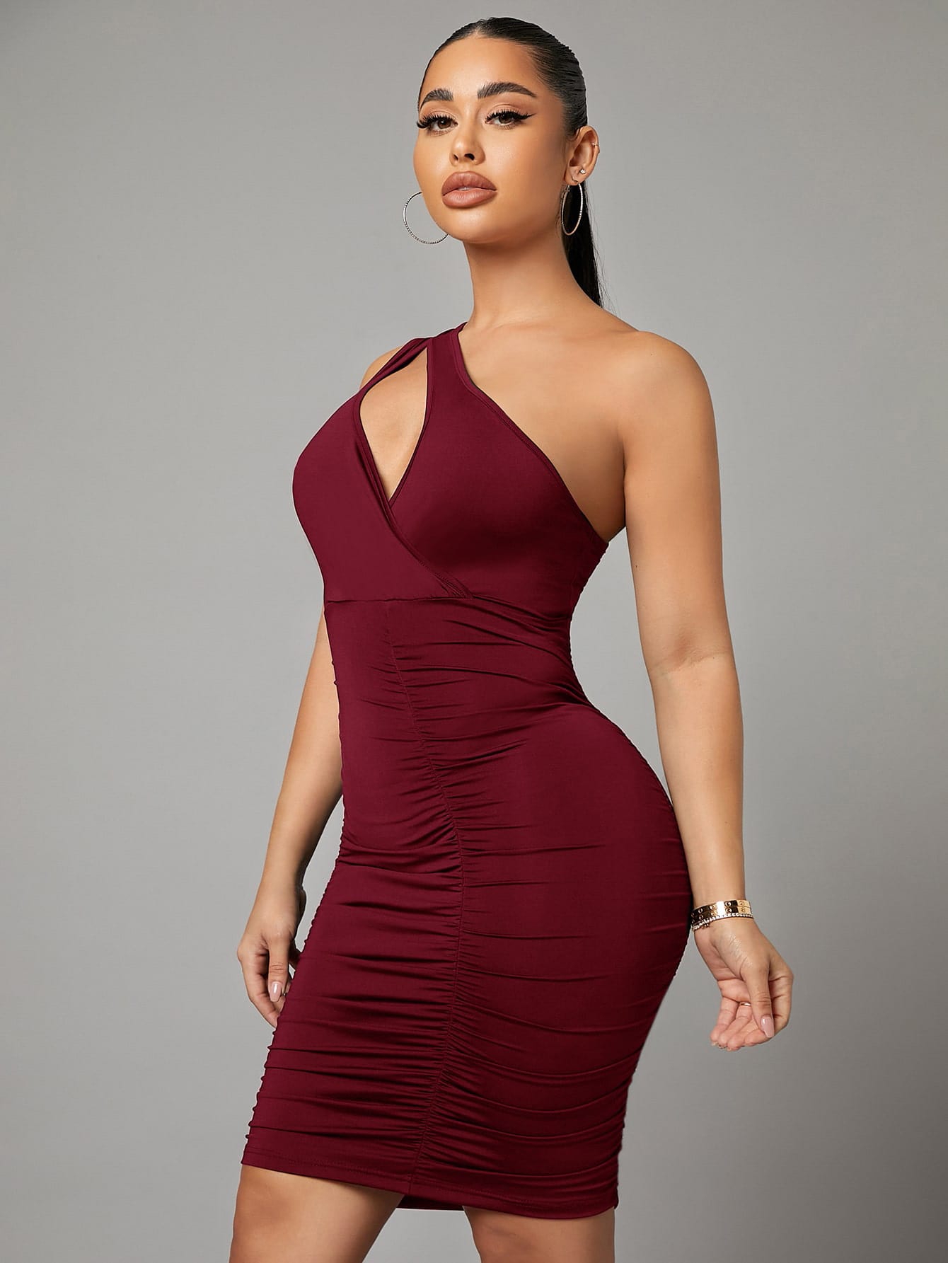 SXY Cut Out One Shoulder Ruched Bodycon Dress