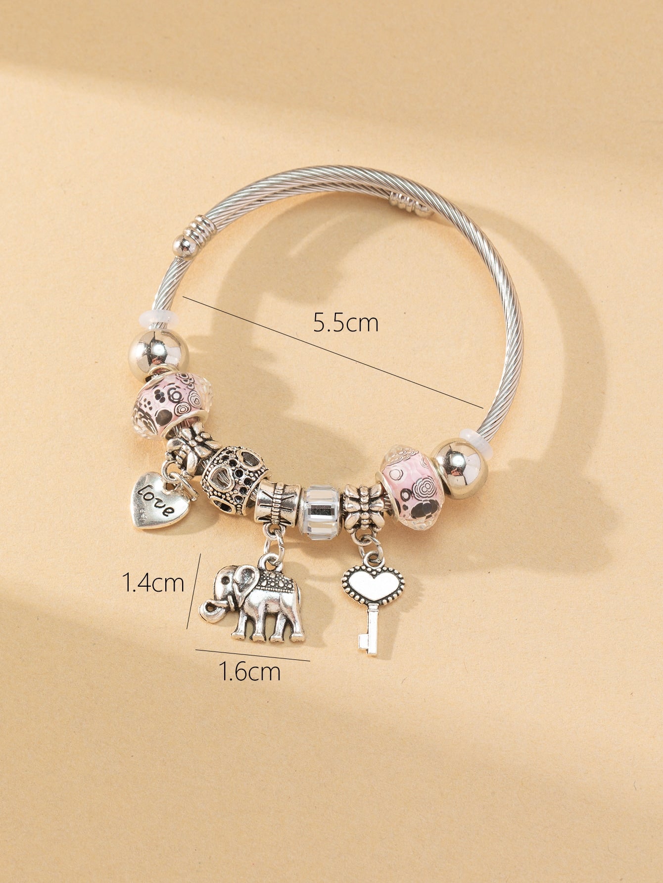 1pc Women's Stretchable Stainless Steel Bracelet With Large Hole Beads And Metal Heart Key Elephant Pendant, Fashionable Lovely Jewelry For Date Gift