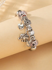 1pc Women's Stretchable Stainless Steel Bracelet With Large Hole Beads And Metal Heart Key Elephant Pendant, Fashionable Lovely Jewelry For Date Gift