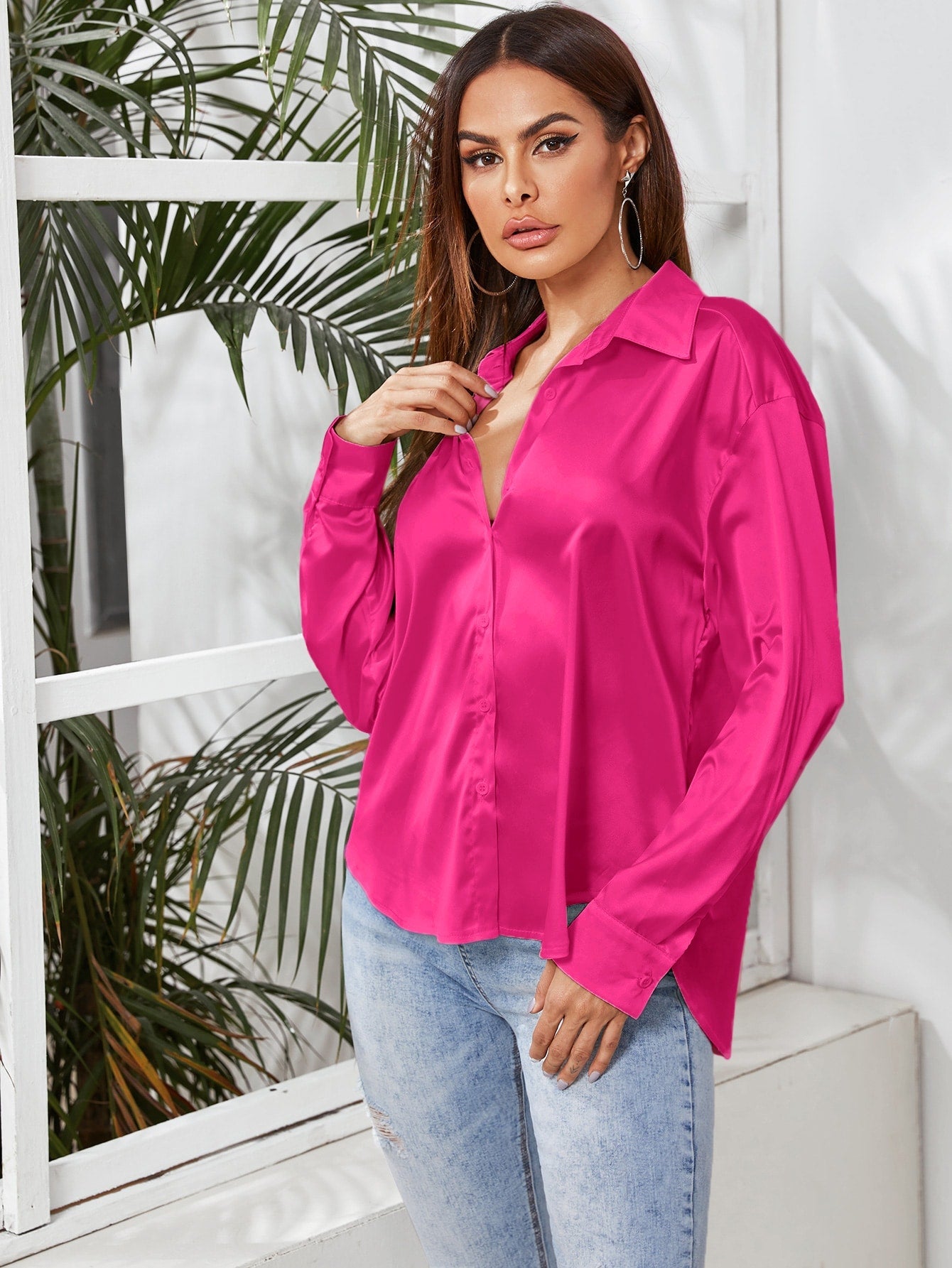 Privé Solid Button Front Satin Shirt