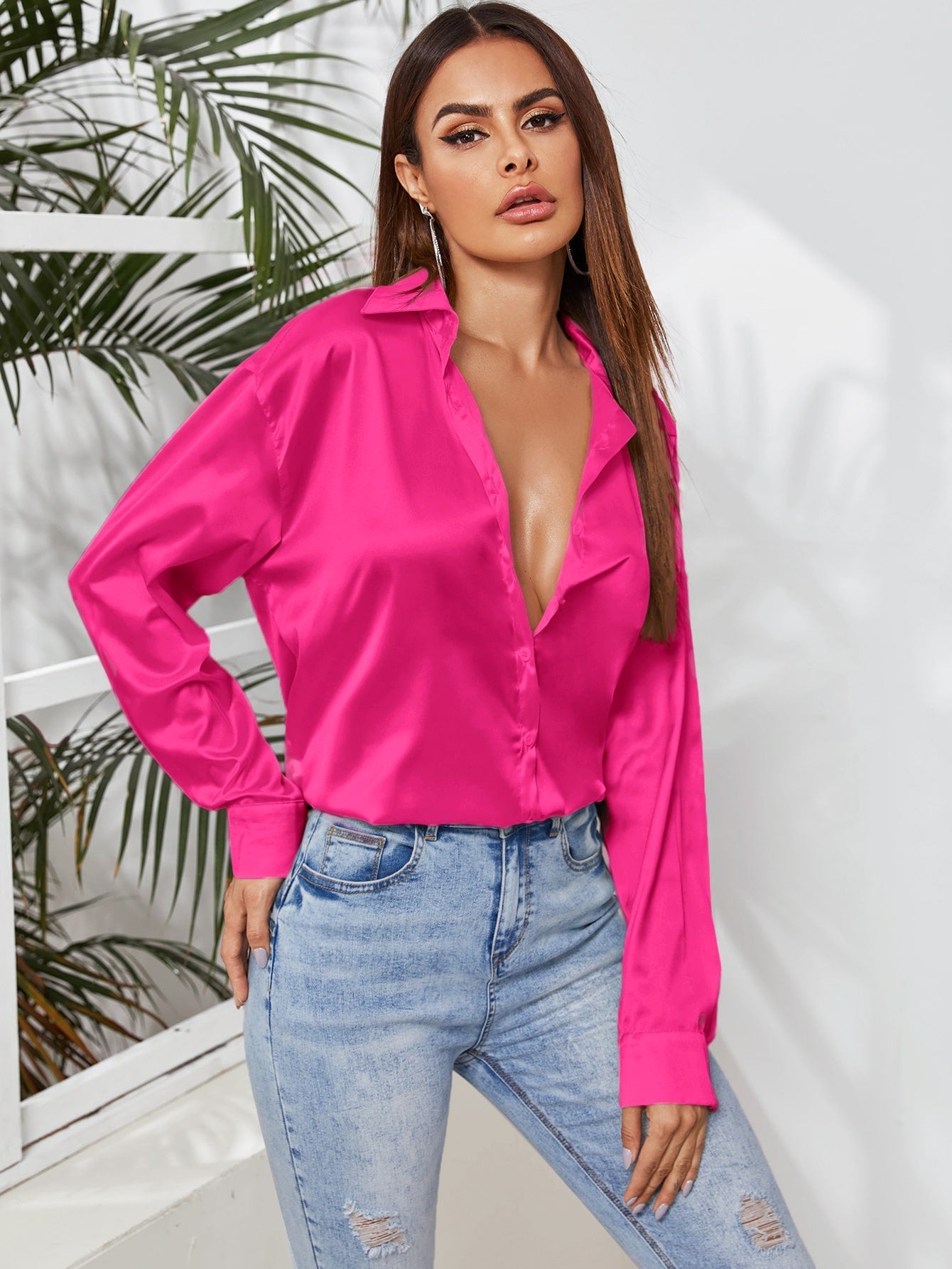 Privé Solid Button Front Satin Shirt