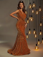 Plunging Neck Mermaid Hem Sequin Formal Dress