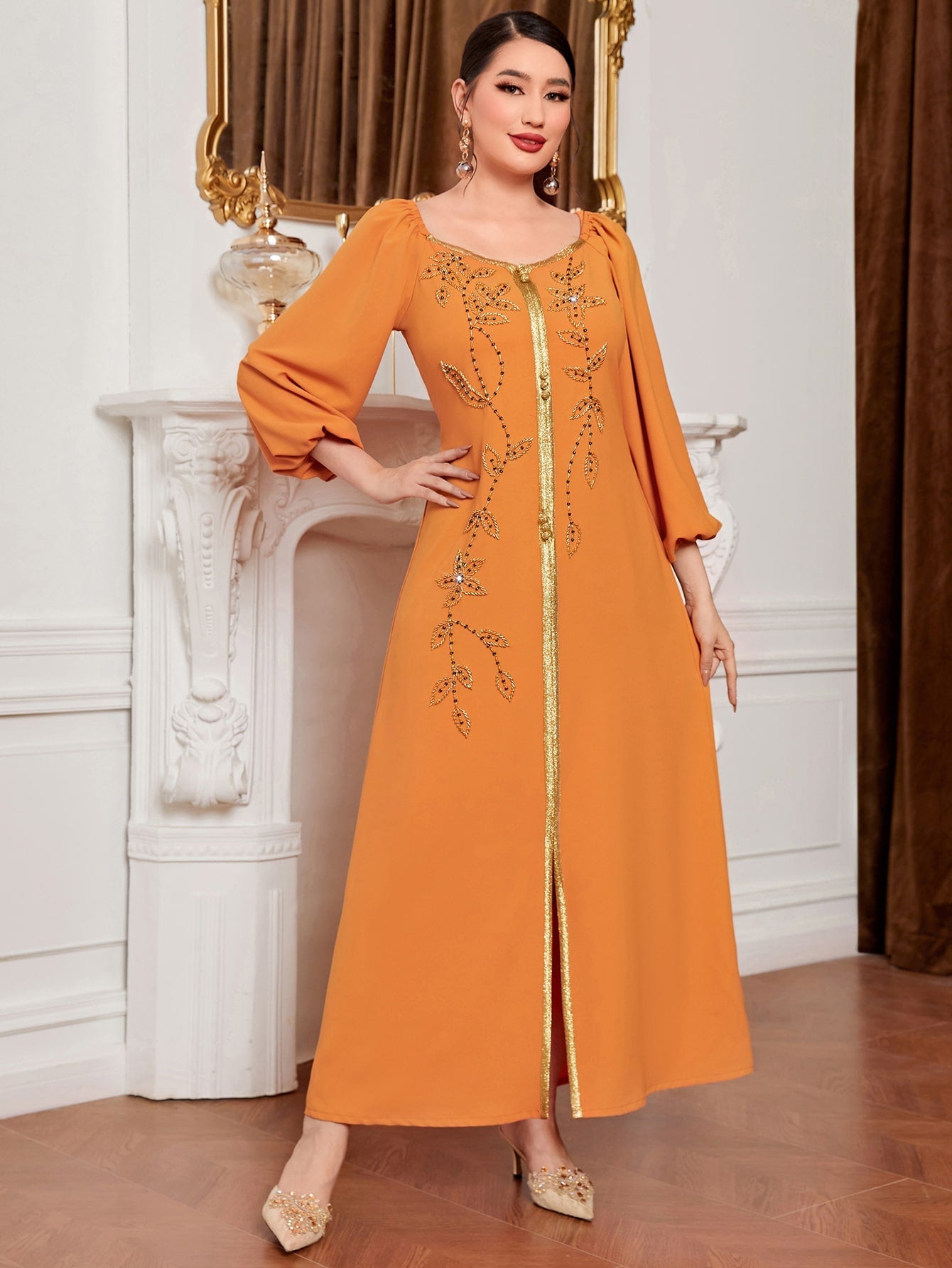 Najma Floral Embroidery Lantern Sleeve Split Hem Kaftan