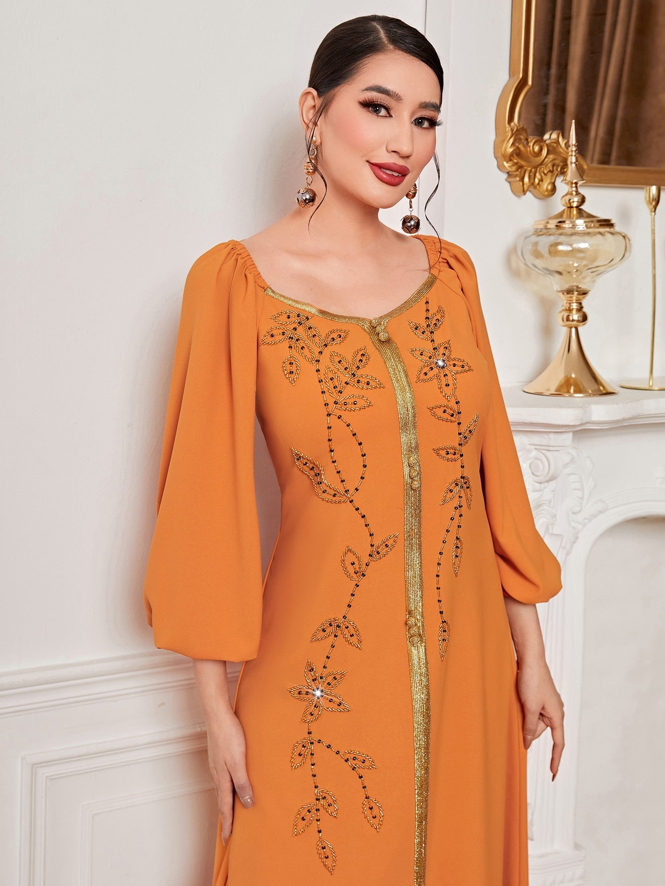 Najma Floral Embroidery Lantern Sleeve Split Hem Kaftan