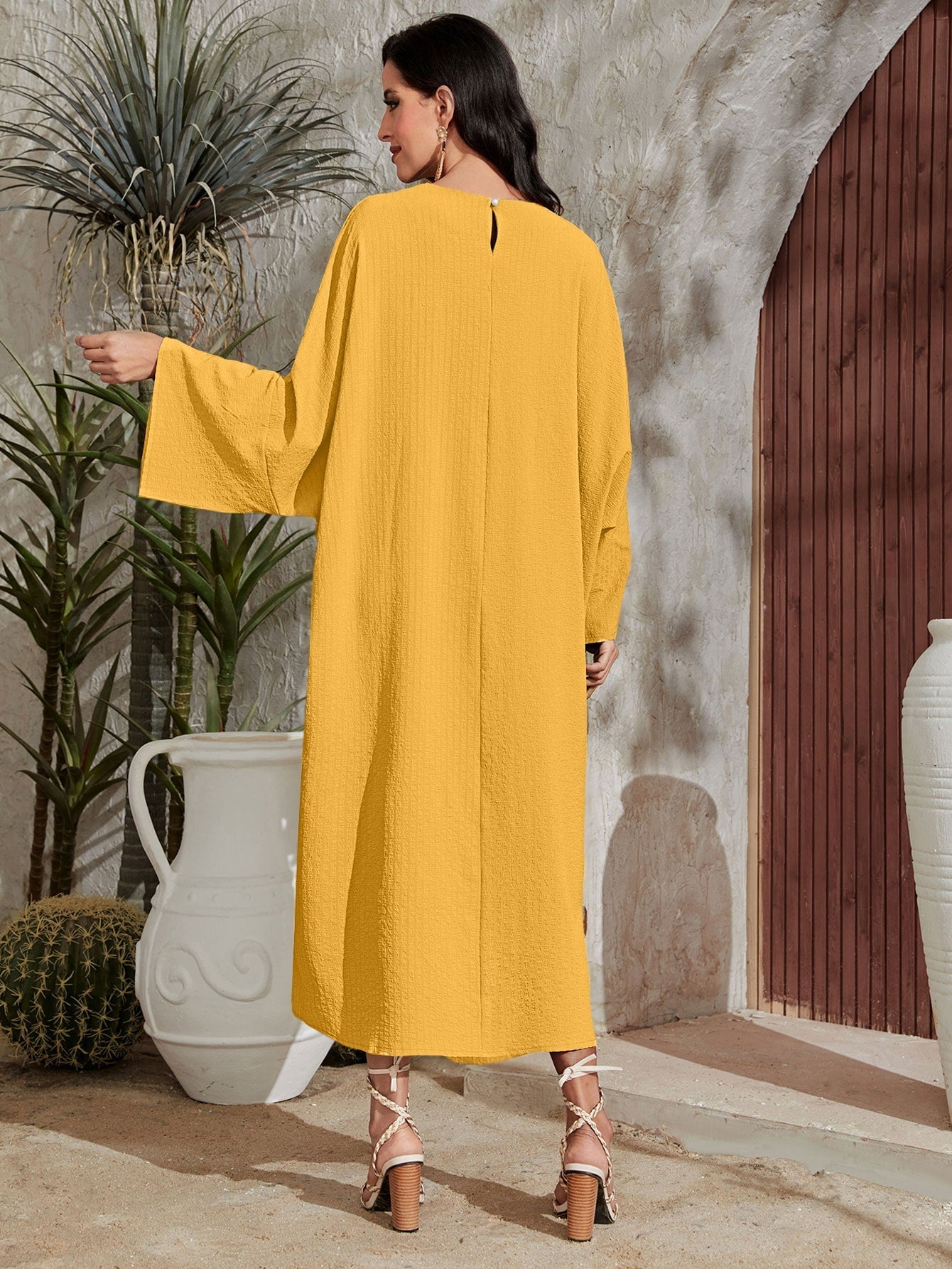 Najma Solid Notched Neck Batwing Sleeve Dress