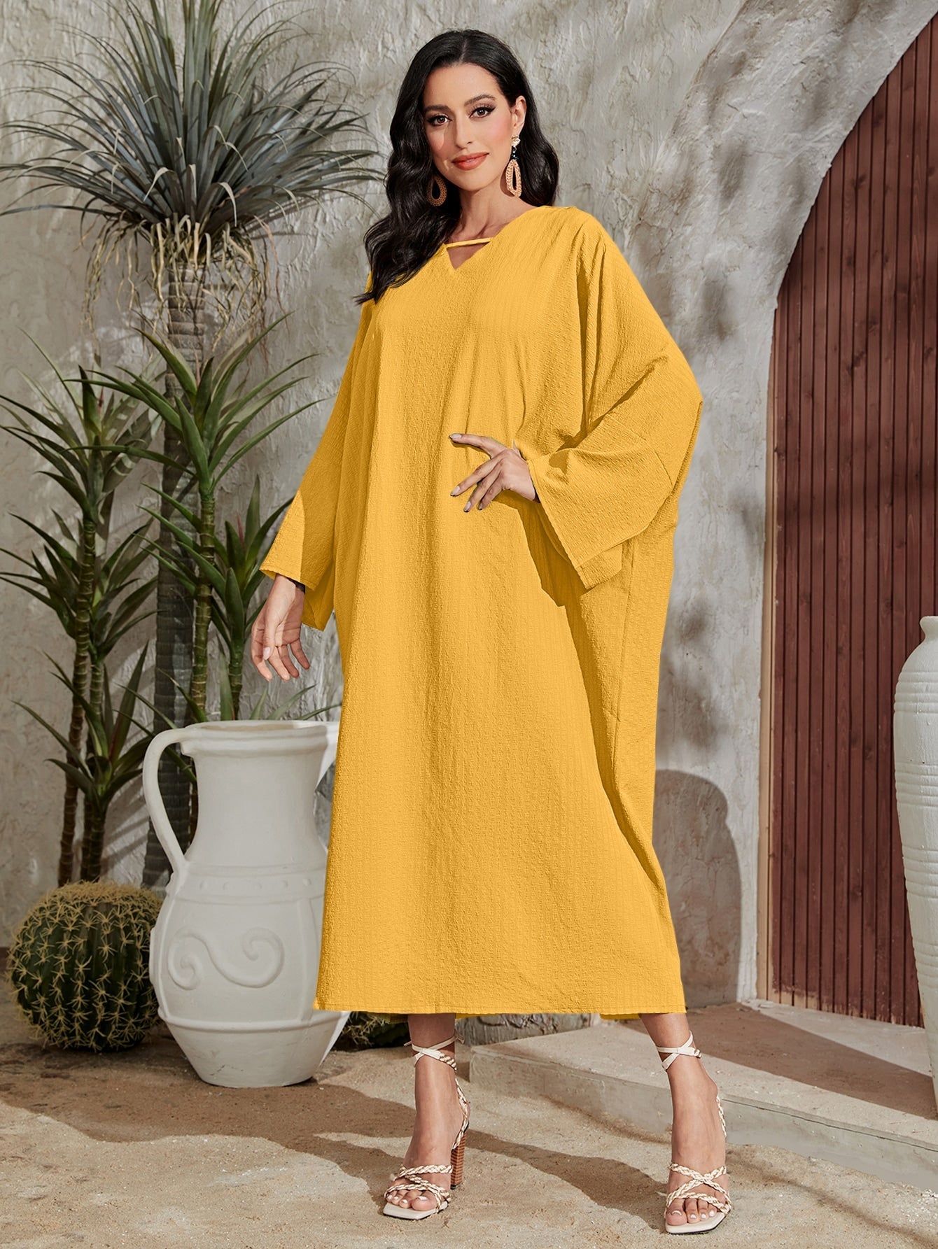 Najma Solid Notched Neck Batwing Sleeve Dress