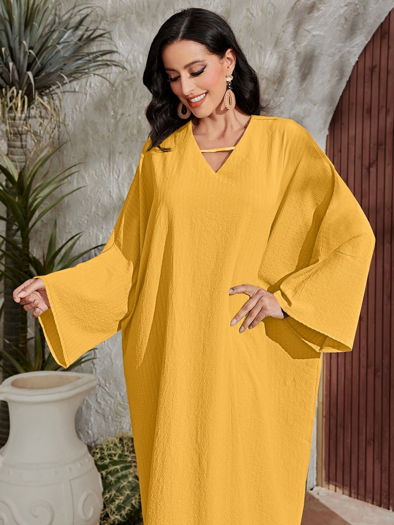 Najma Solid Notched Neck Batwing Sleeve Dress