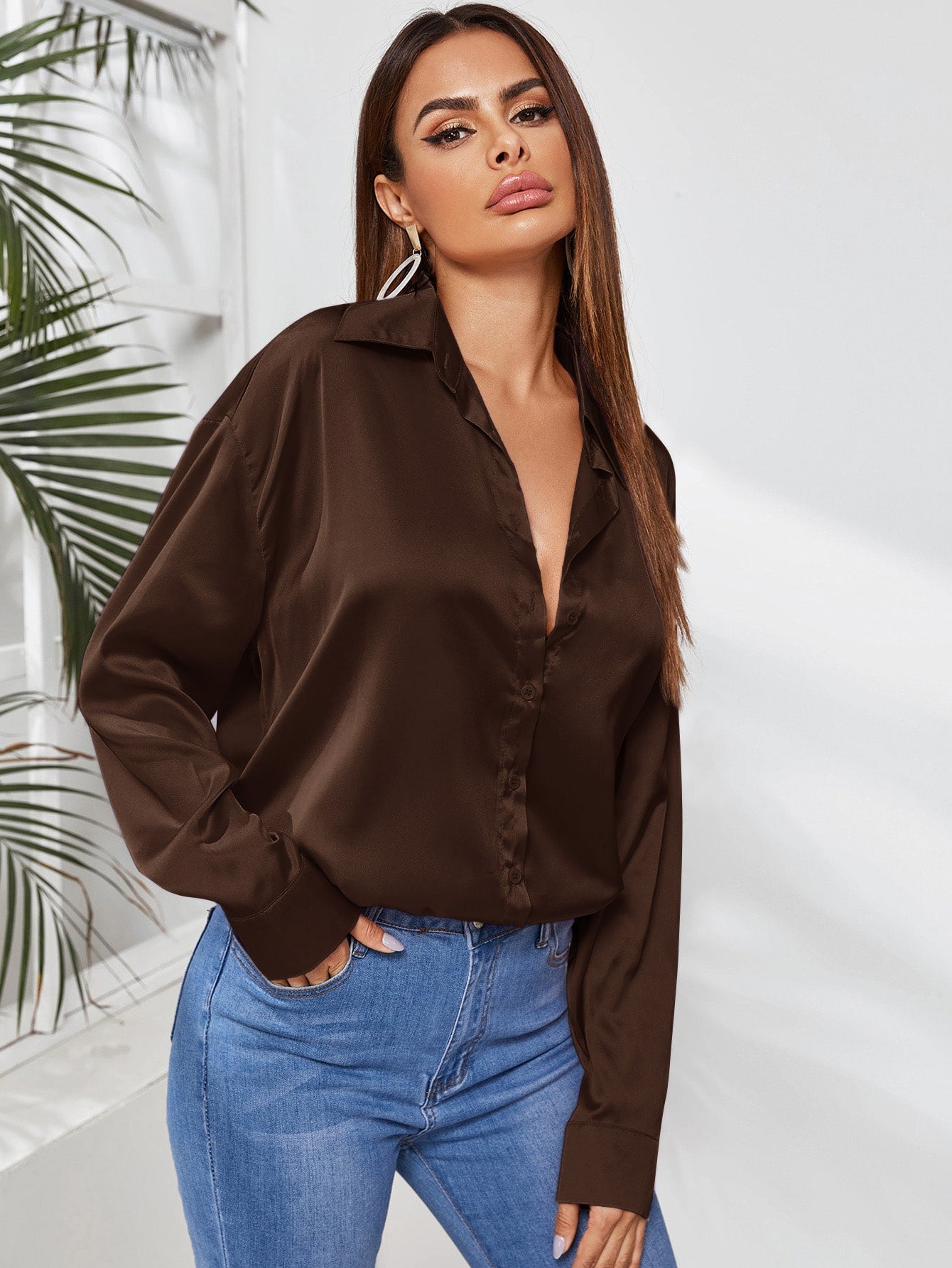 Privé Solid Button Front Satin Shirt