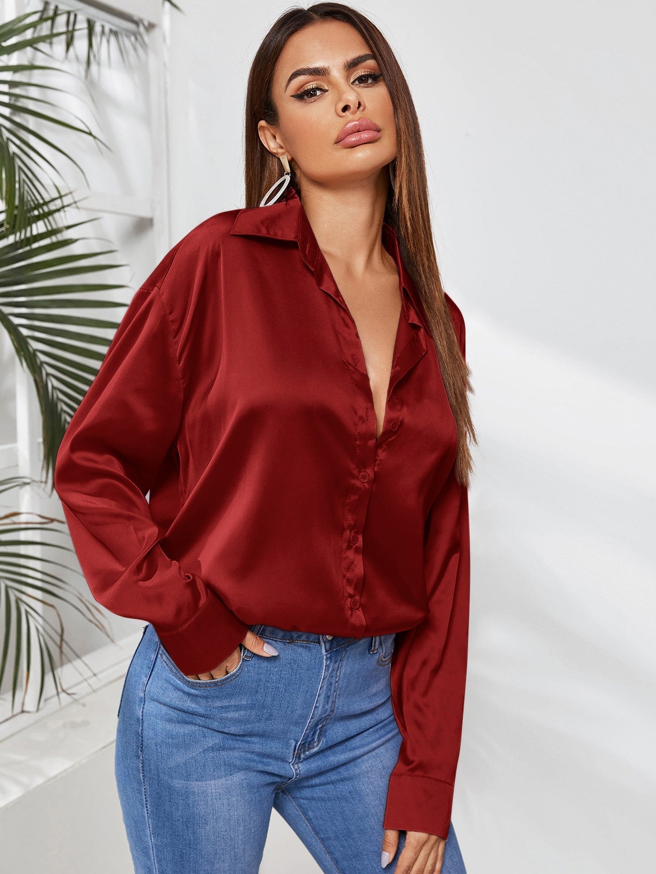 Privé Solid Button Front Satin Shirt