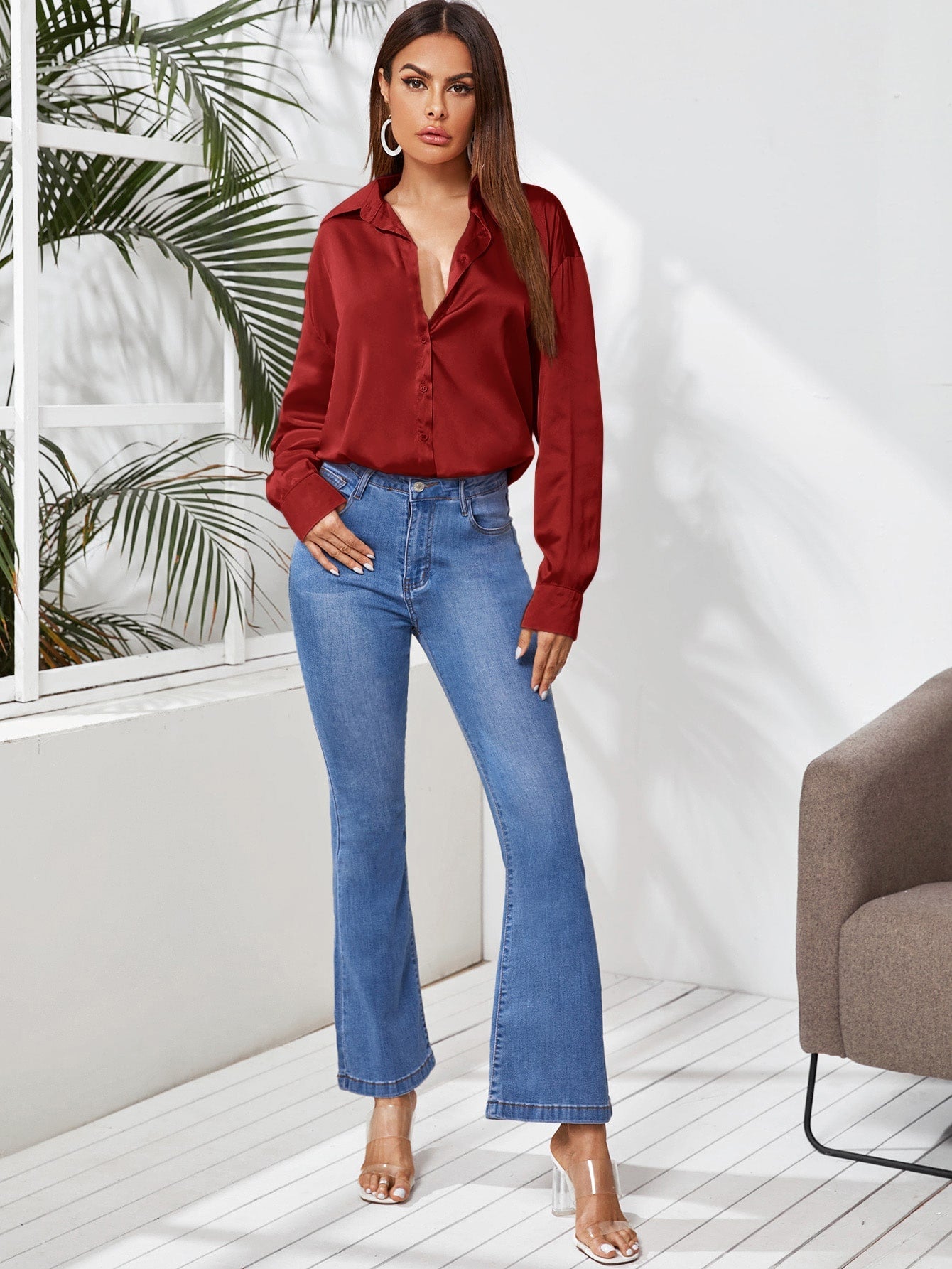 Privé Solid Button Front Satin Shirt