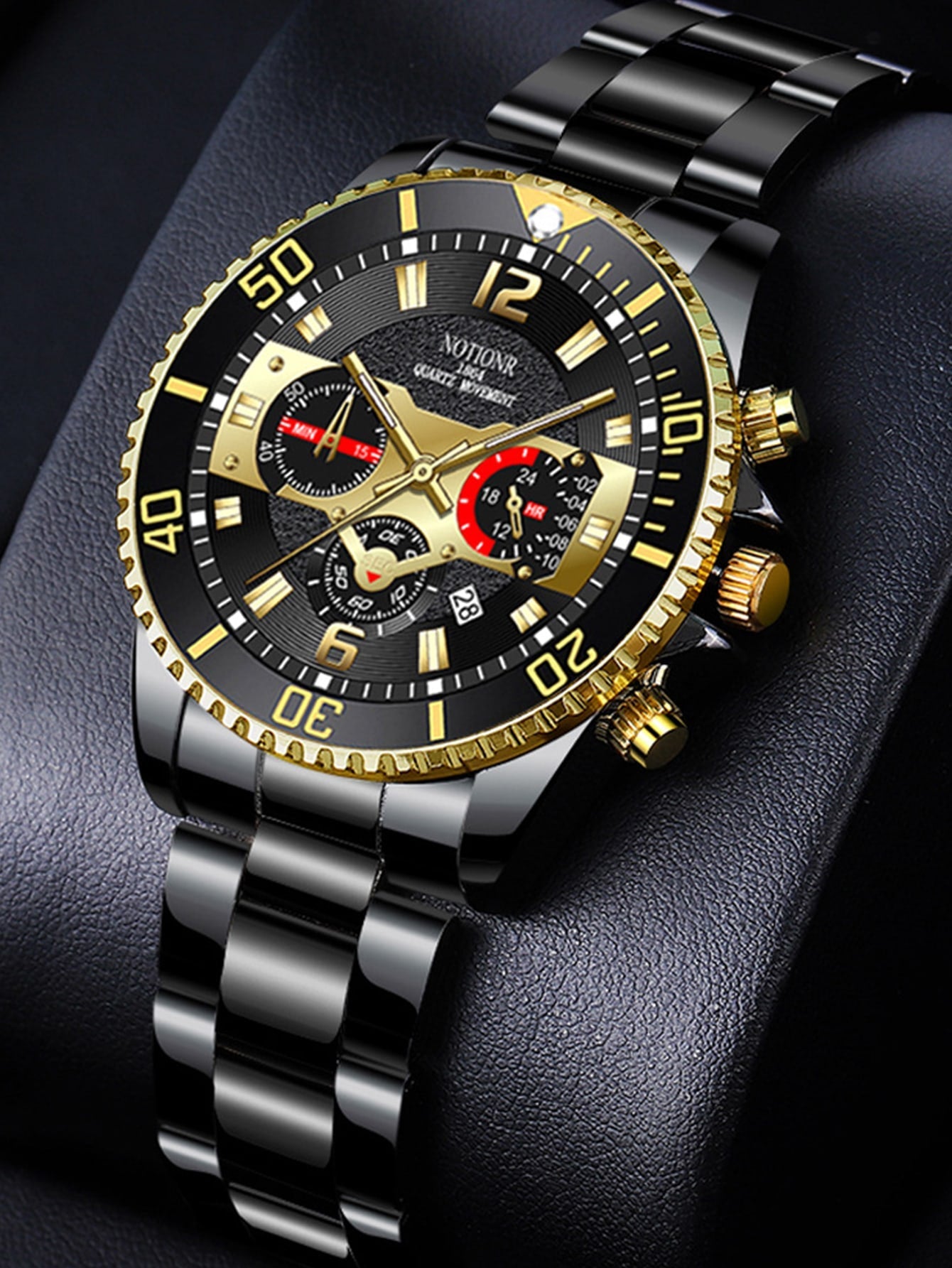 1pc Black Alloy Strap Fashion Date Round Dial Quartz Watch & 2pcs Bracelet, For Daily Life