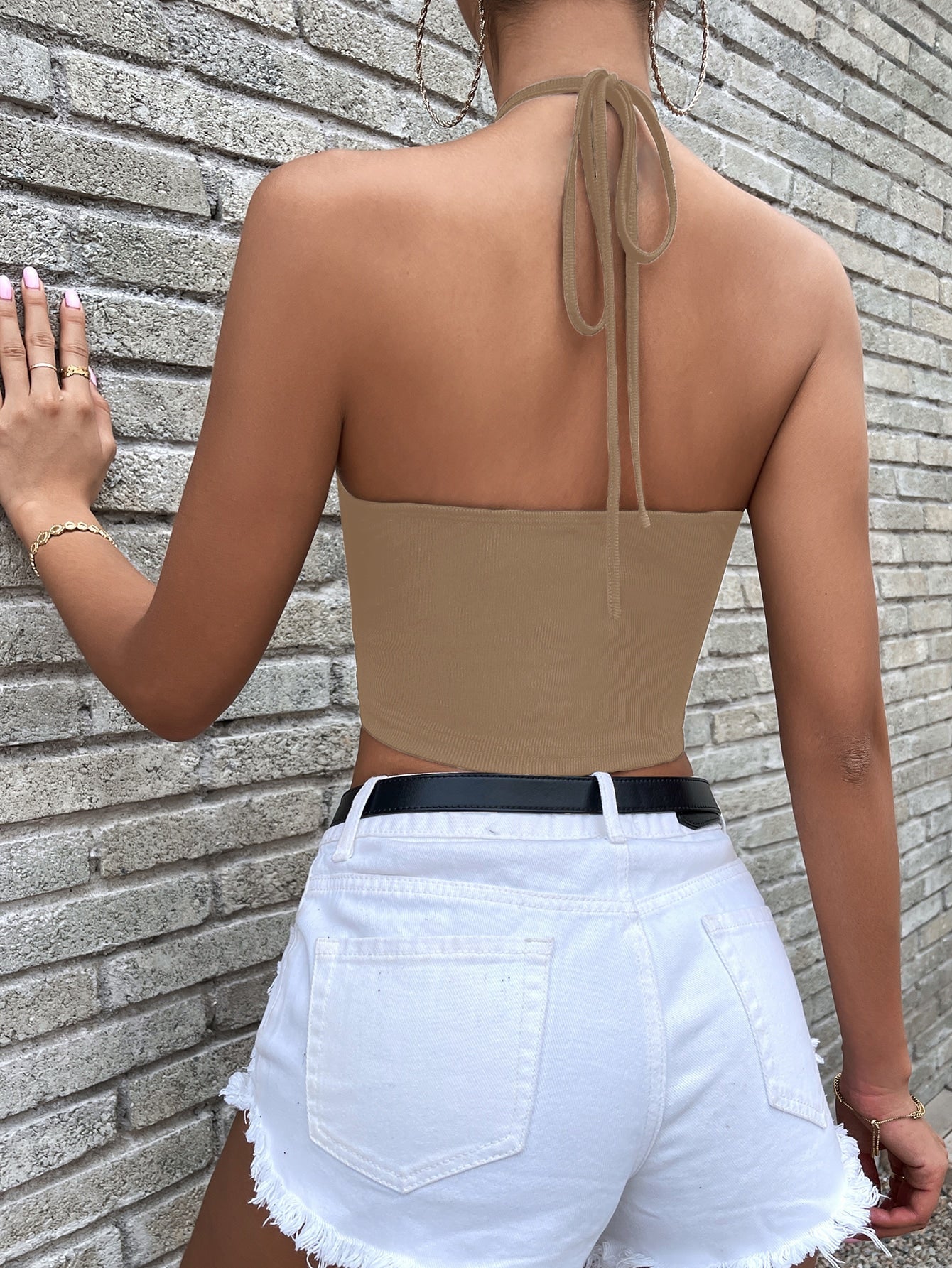 Privé Scallop Trim Tied Backless Halter Top