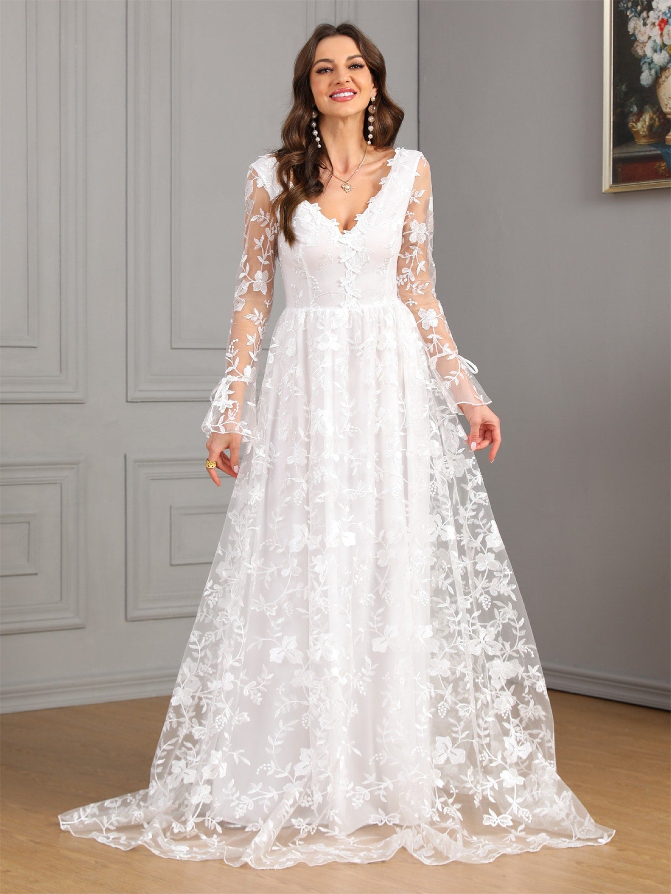 V Neck Floral Embroidery Mesh Overlay Maxi Wedding Dress