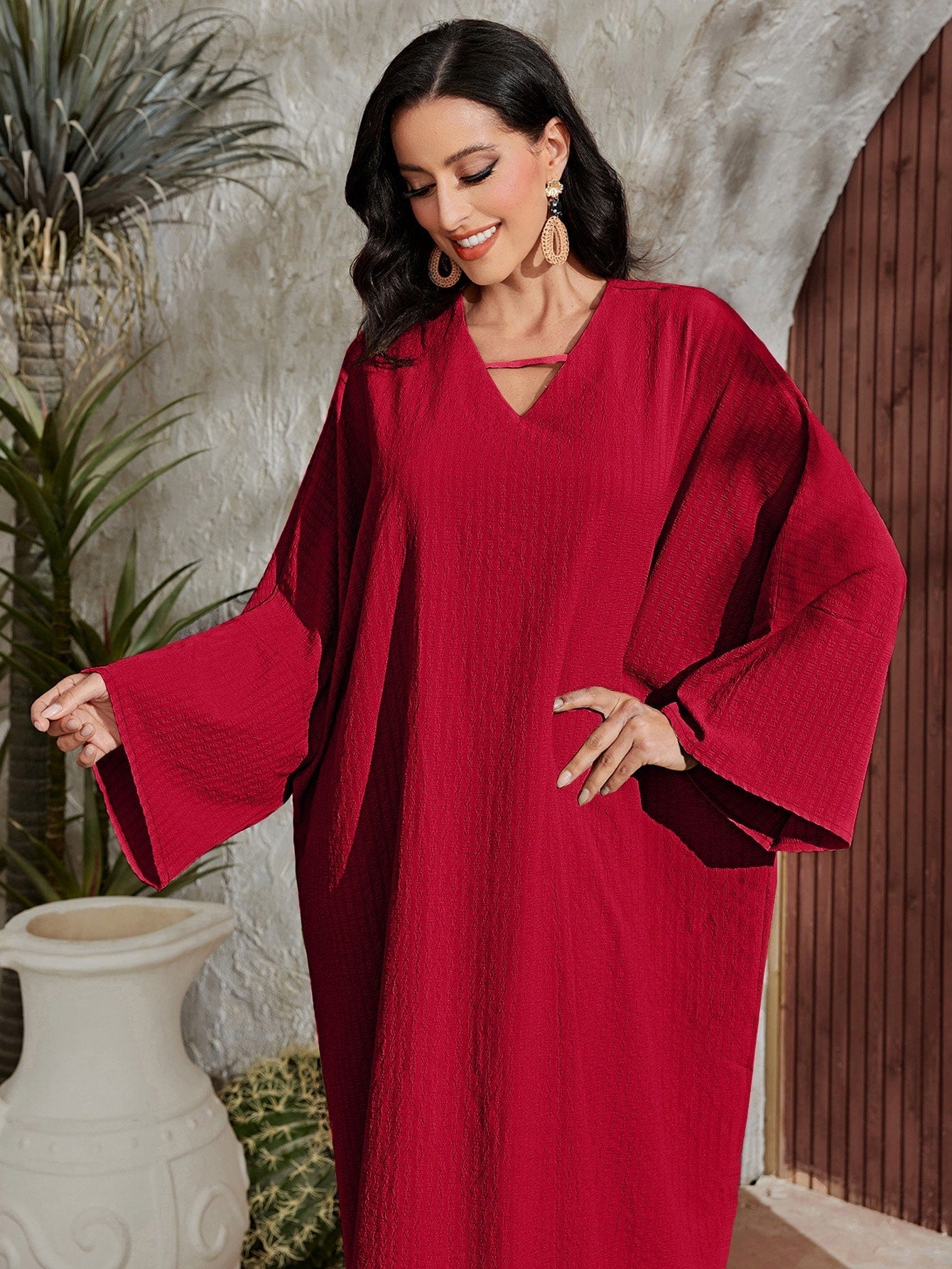 Najma Solid Notched Neck Batwing Sleeve Dress