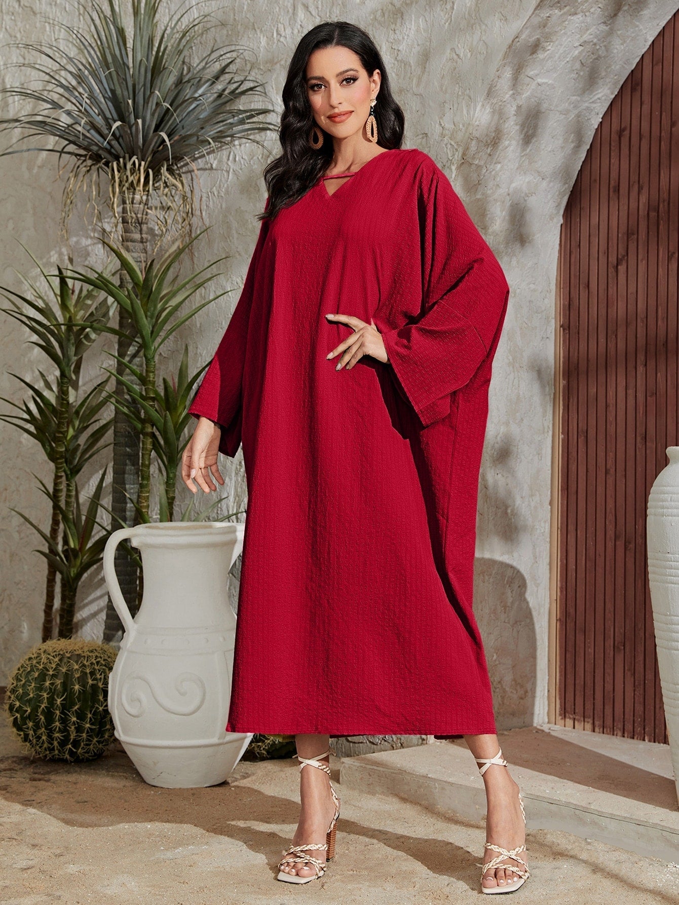 Najma Solid Notched Neck Batwing Sleeve Dress