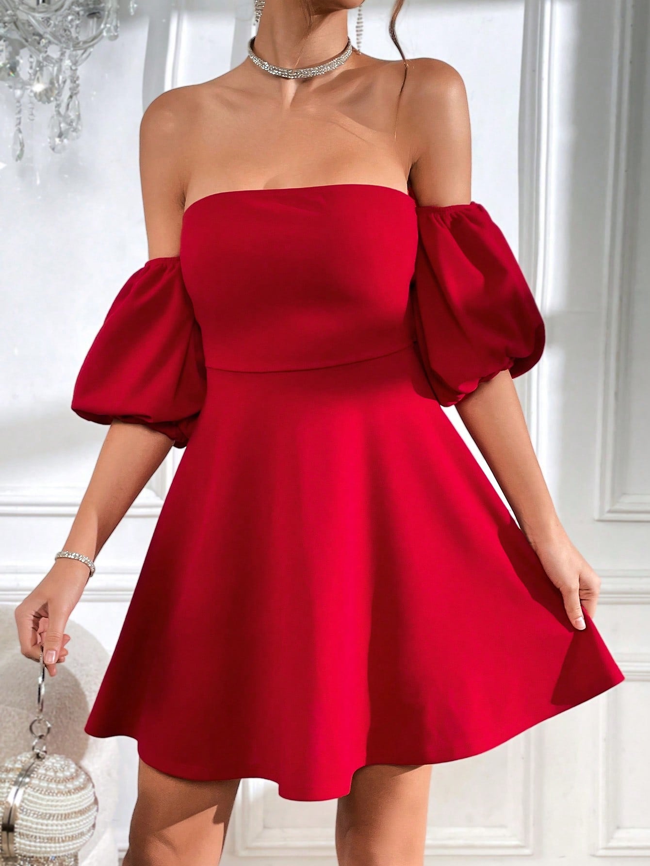 Privé Off Shoulder Puff Sleeve Tie Backless Dress