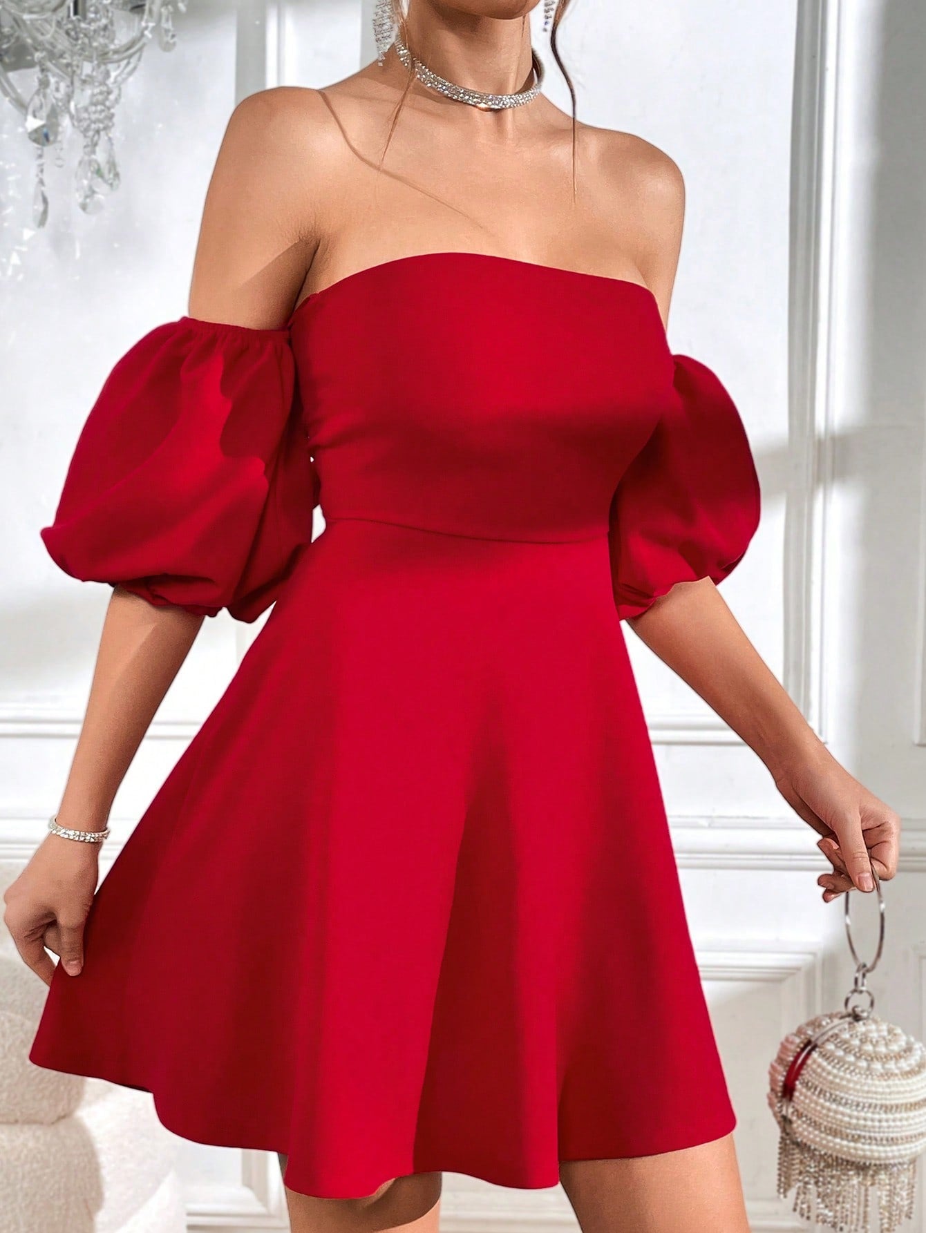 Privé Off Shoulder Puff Sleeve Tie Backless Dress