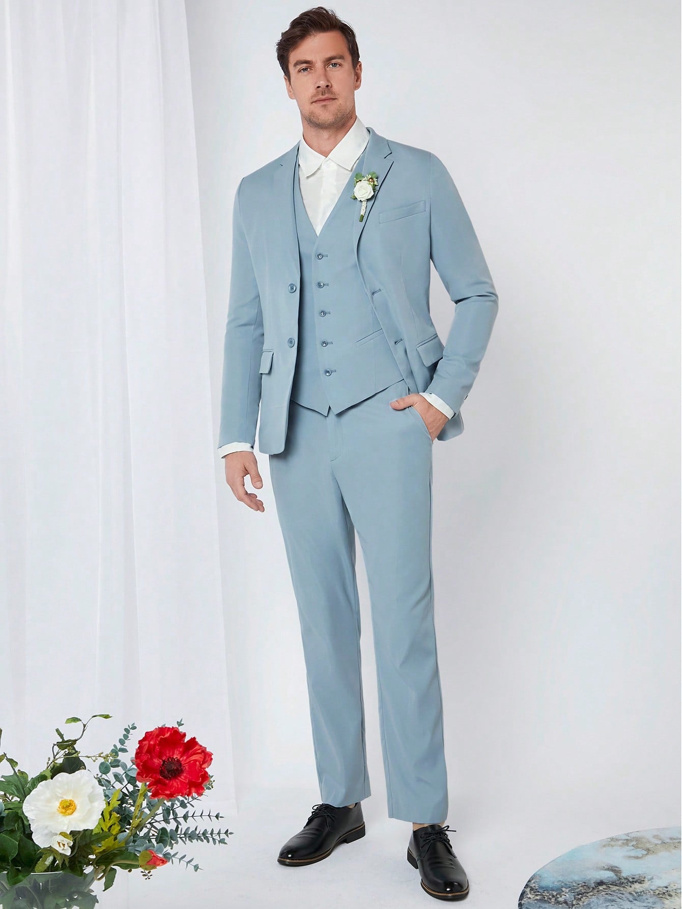 Manfinity Mode Men 1pc Lapel Neck Blazer & 1pc Single Breasted Waistcoat & 1pc Suit Pants