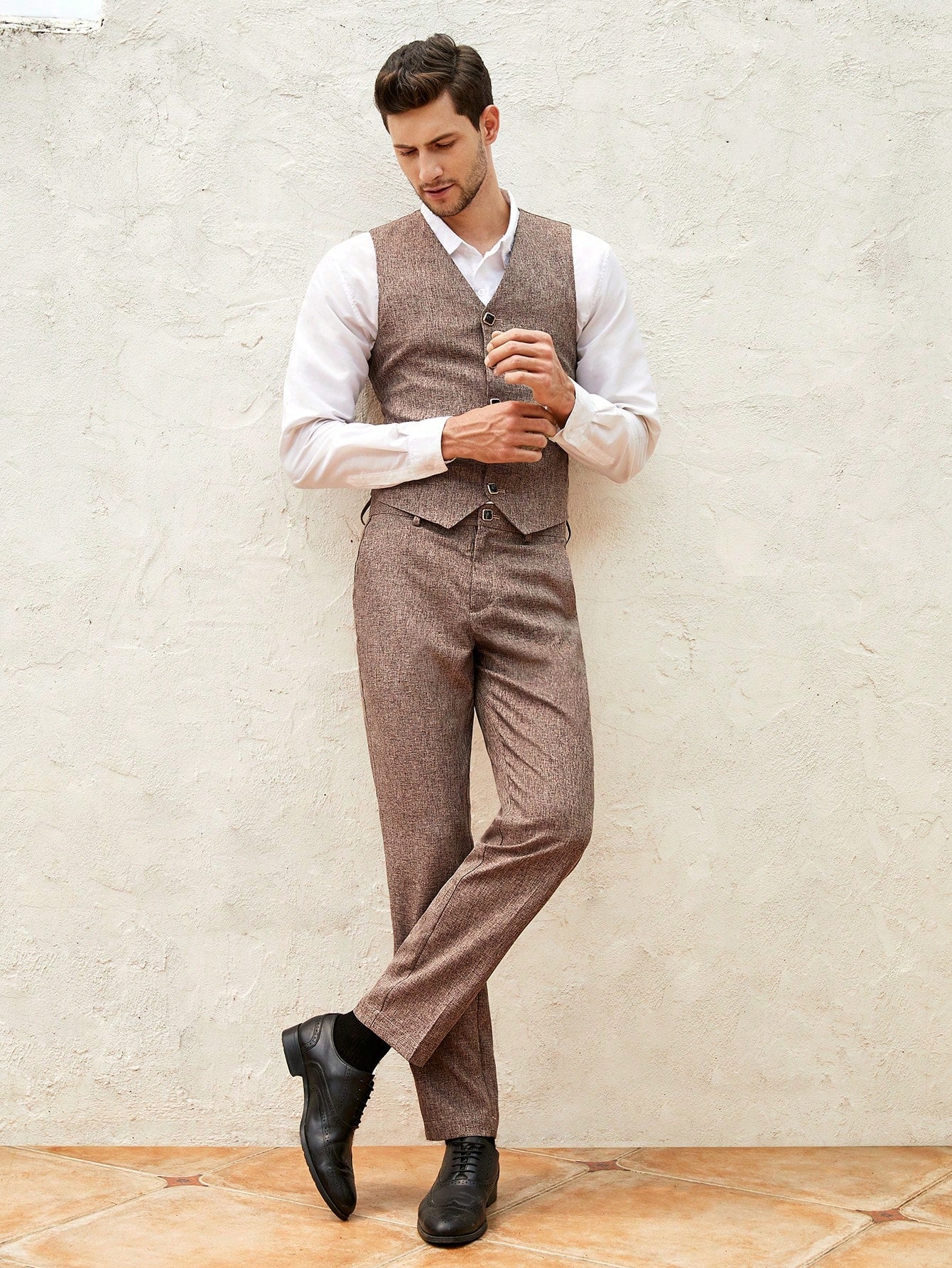 Manfinity Mode Men Linen Look Waistcoat & Suit Pants Without Shirt