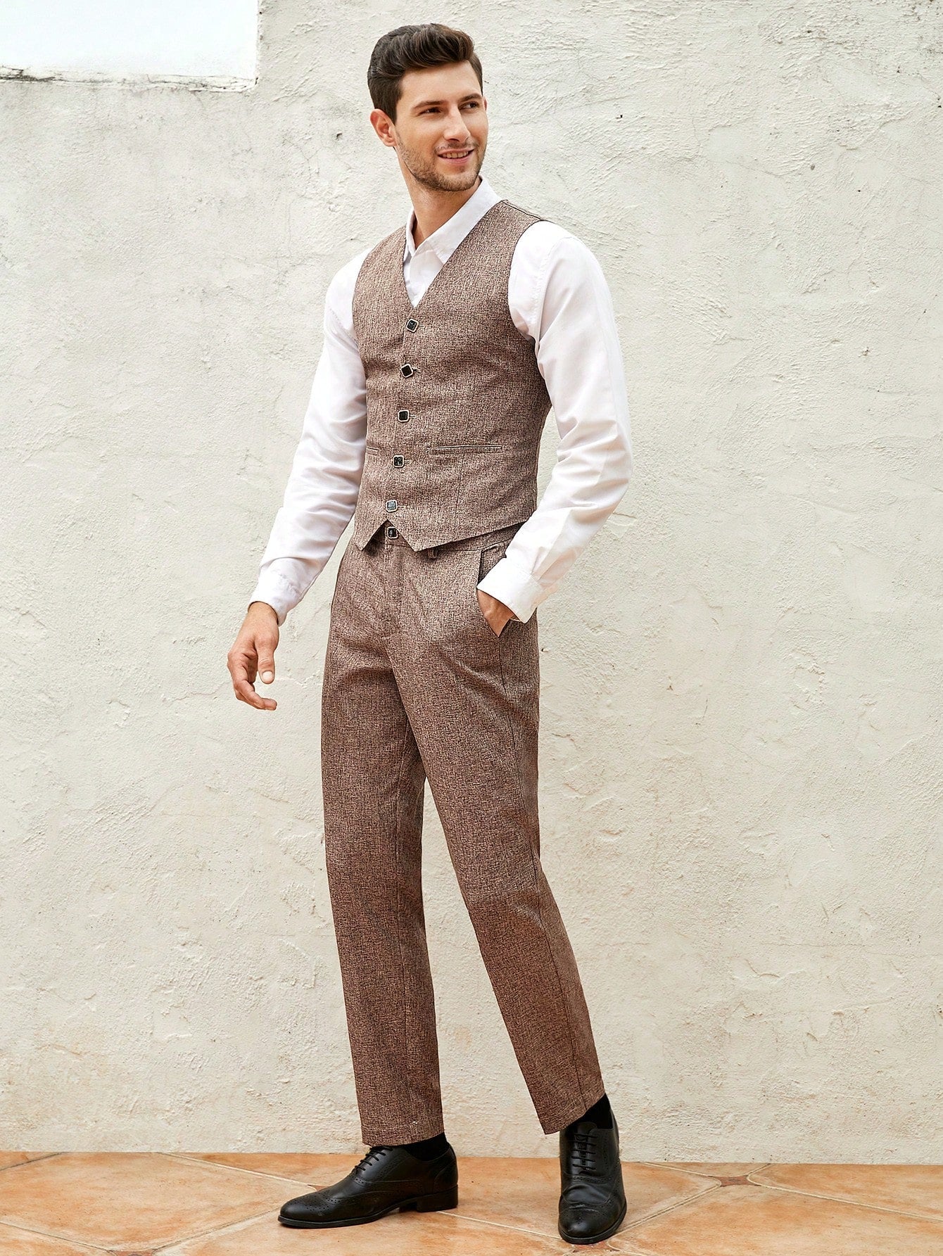 Manfinity Mode Men Linen Look Waistcoat & Suit Pants Without Shirt