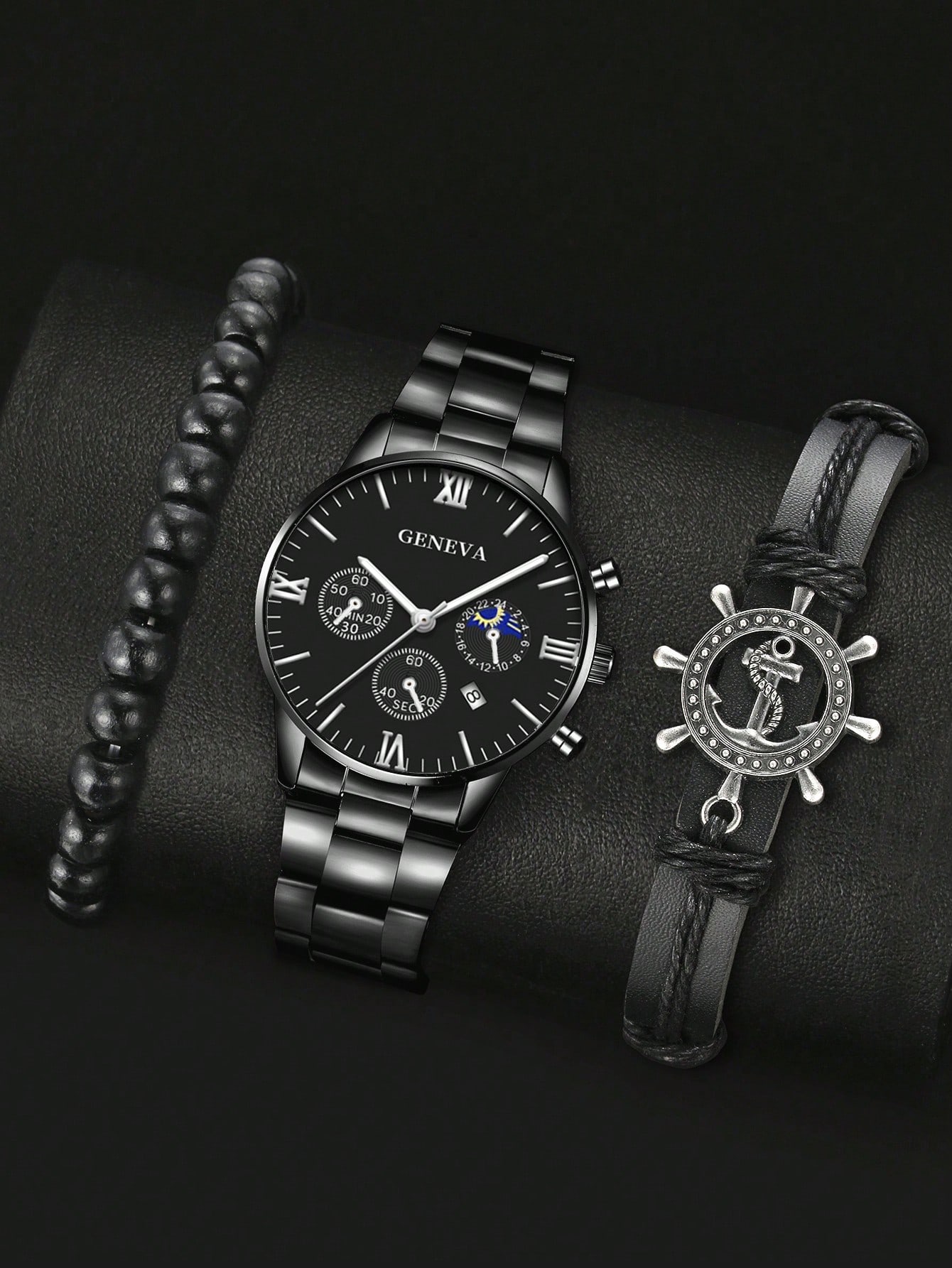 Men Date Detail Quartz Watch & 2pcs Rudder Decor Bracelet