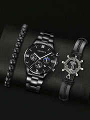 Men Date Detail Quartz Watch & 2pcs Rudder Decor Bracelet