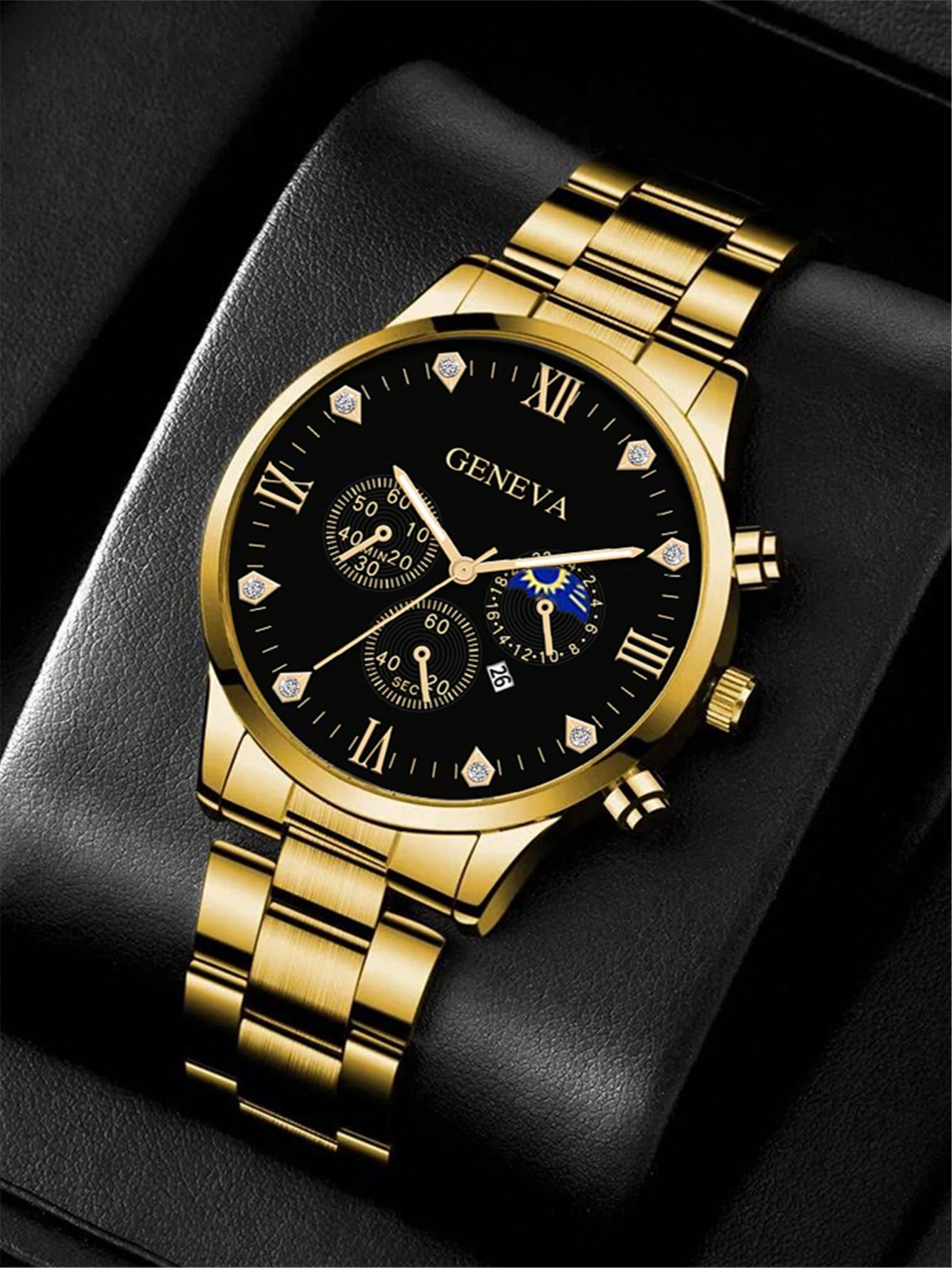 1pc Men Gold Stainless Steel Strap Fashionable Rhinestone Decor Date Round Dial Quartz Watch & 1pc Chain Bracelet, For Daily Life