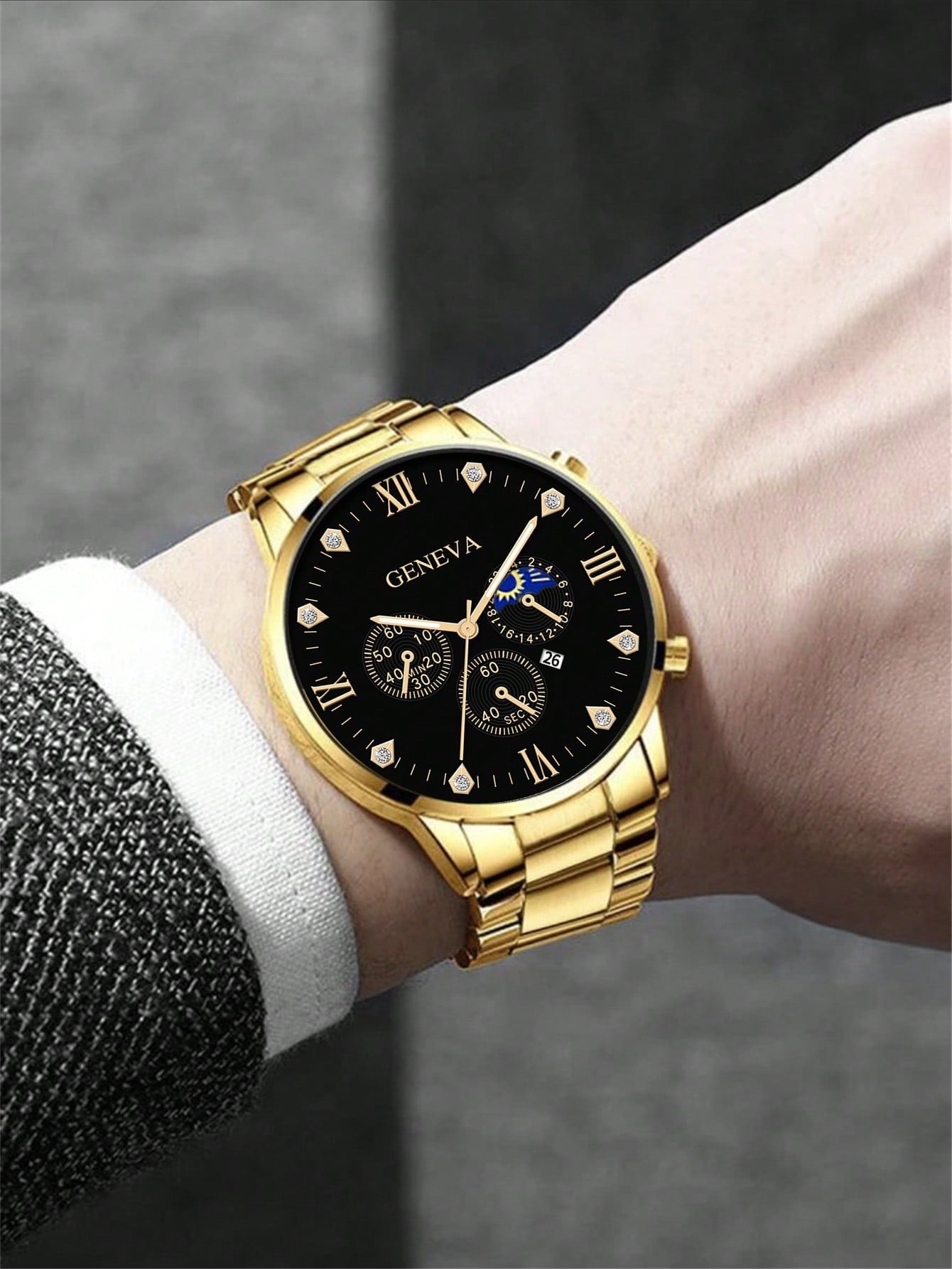 1pc Men Gold Stainless Steel Strap Fashionable Rhinestone Decor Date Round Dial Quartz Watch & 1pc Chain Bracelet, For Daily Life