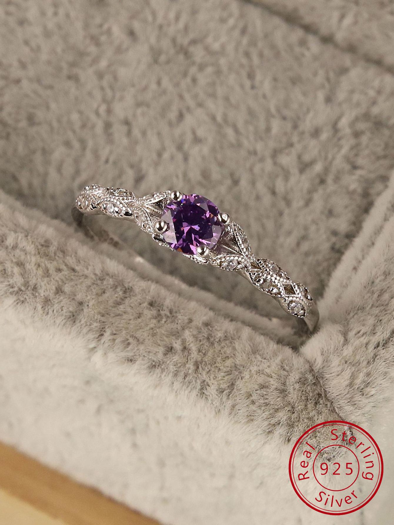 1pc Silver Amethyst & Cubic Zirconia Ring For Women, Fashionable and Versatile Accessory