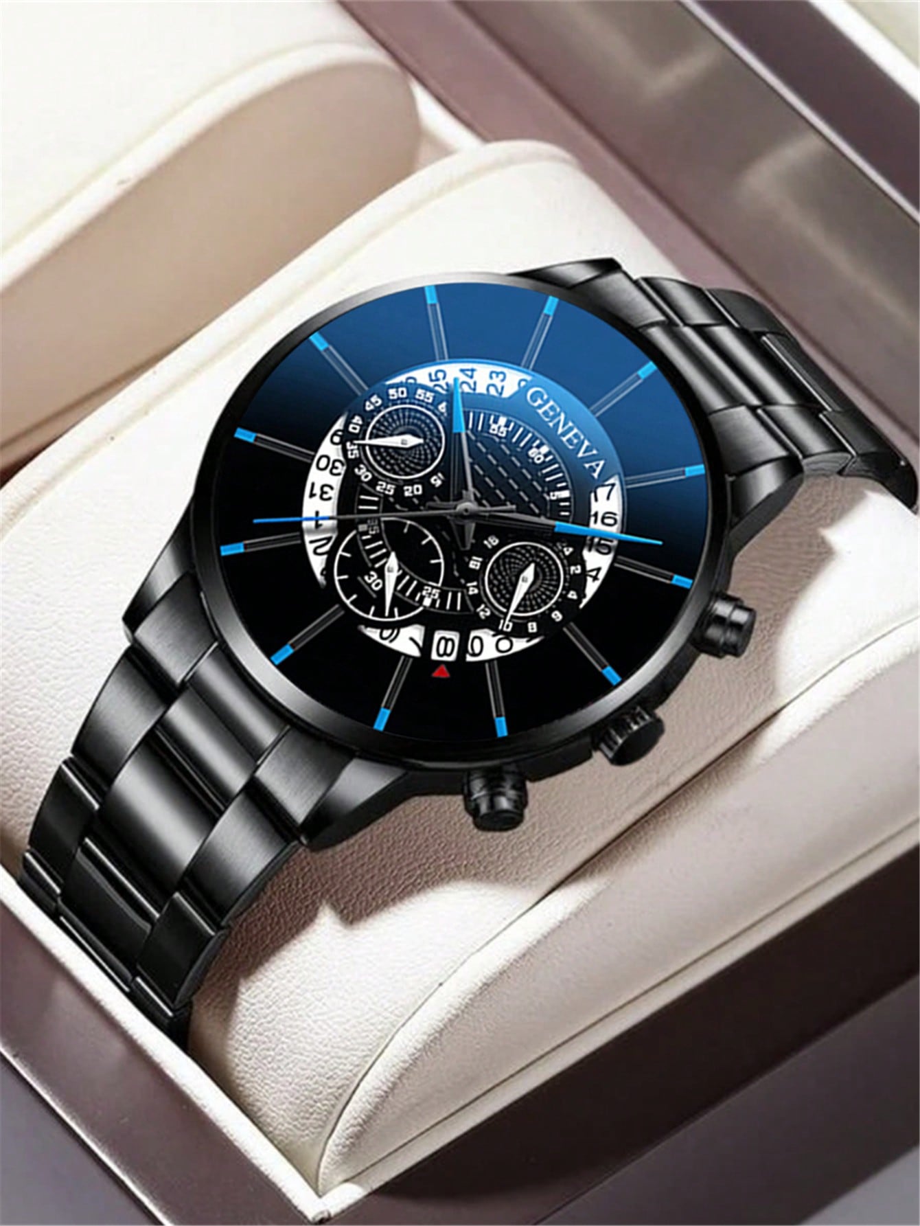 1pc Black Stainless Steel Strap Business Date Round Dial Quartz Watch & 2pcs Jewelry Set, For Daily Life