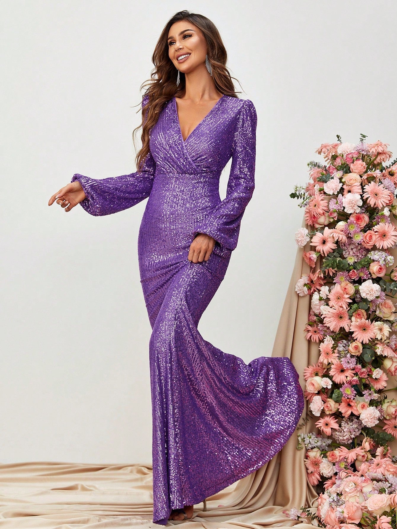 Surplice Neck Lantern Sleeve Sequin Formal Dress