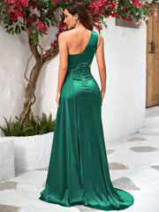 One Shoulder Ruched Split Thigh Satin Formal Dress