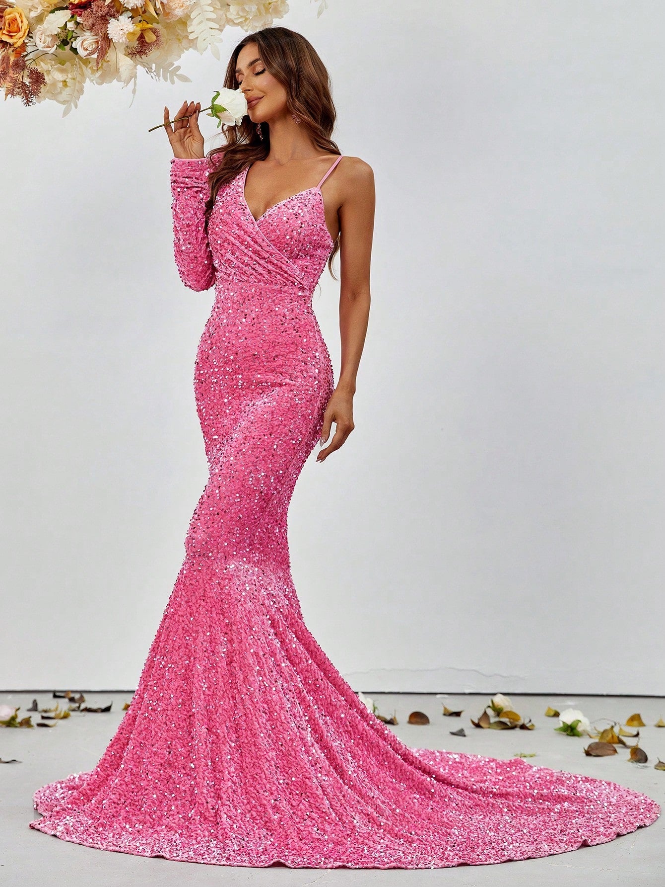 Asymmetrical Neck Sequin Prom Dress