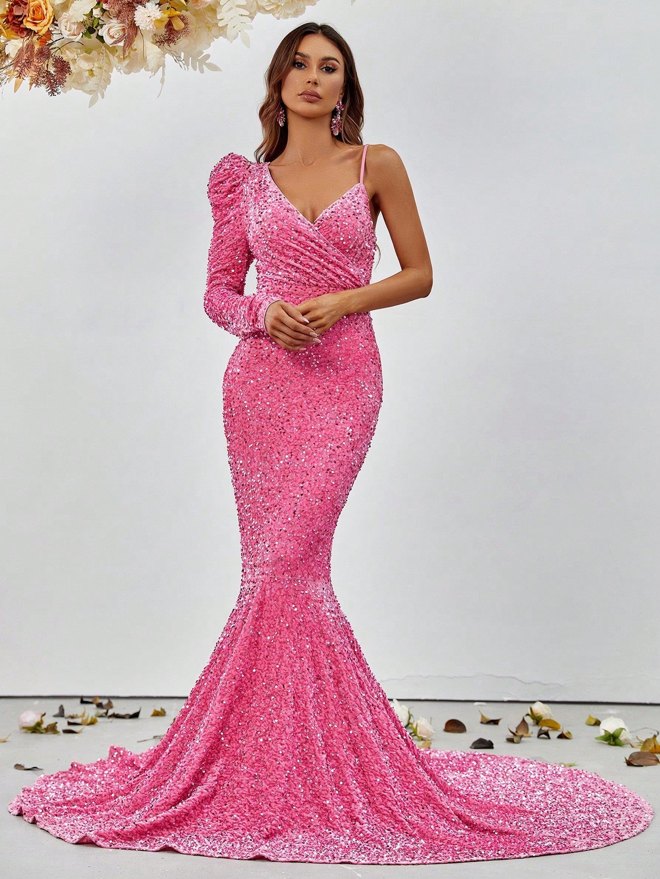 Asymmetrical Neck Sequin Prom Dress