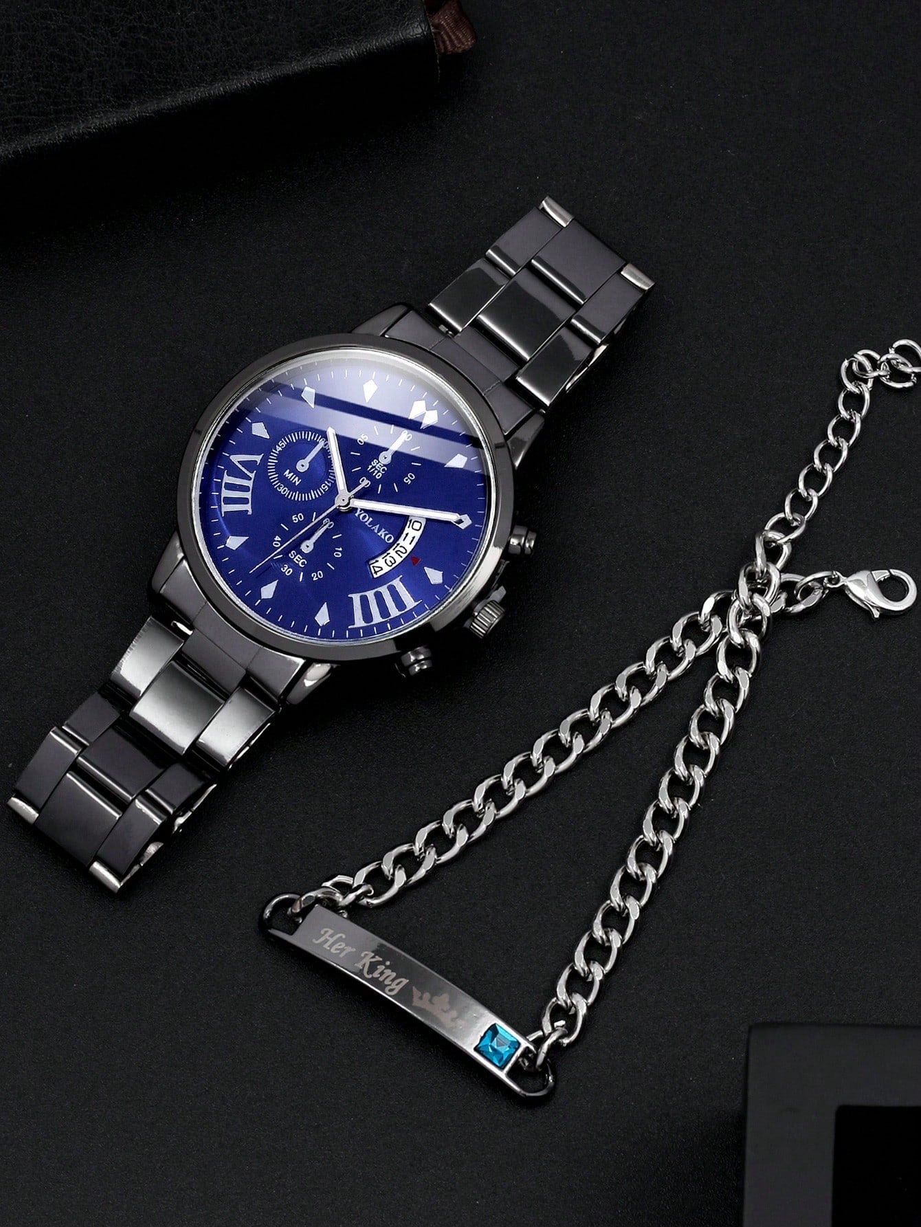 2pcs Fashion Business Gentleman's Calendar Steel Band Quartz Wristwatch with Blue Cubic Zirconia Alloy Bracelet Combination Set, Men's Gift Set