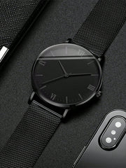 1pc Black Zinc Alloy Strap Fashionable Round Dial Quartz Watch & 1pc Chain Bracelet, For Daily Decoration