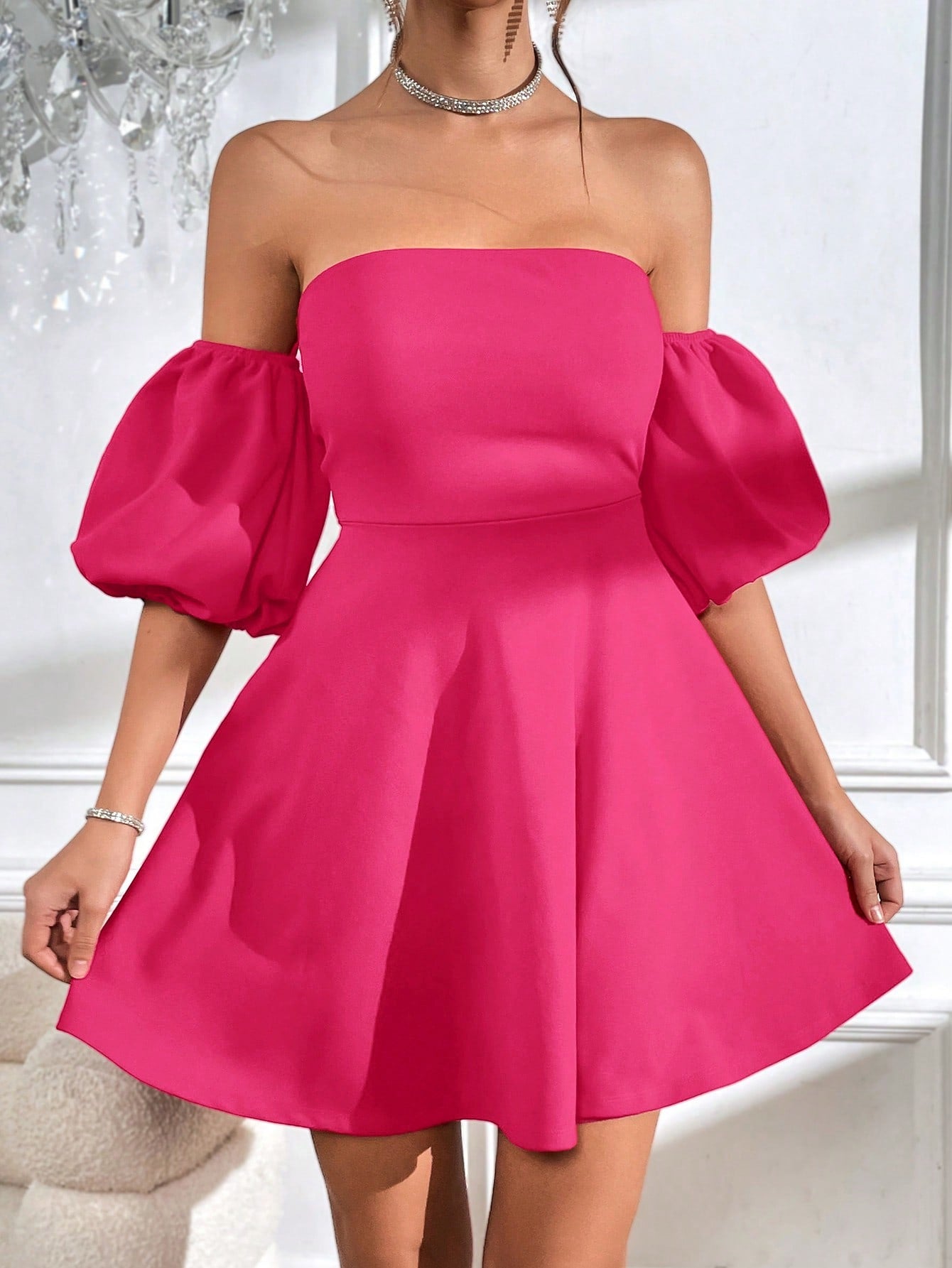 Privé Off Shoulder Puff Sleeve Tie Backless Dress