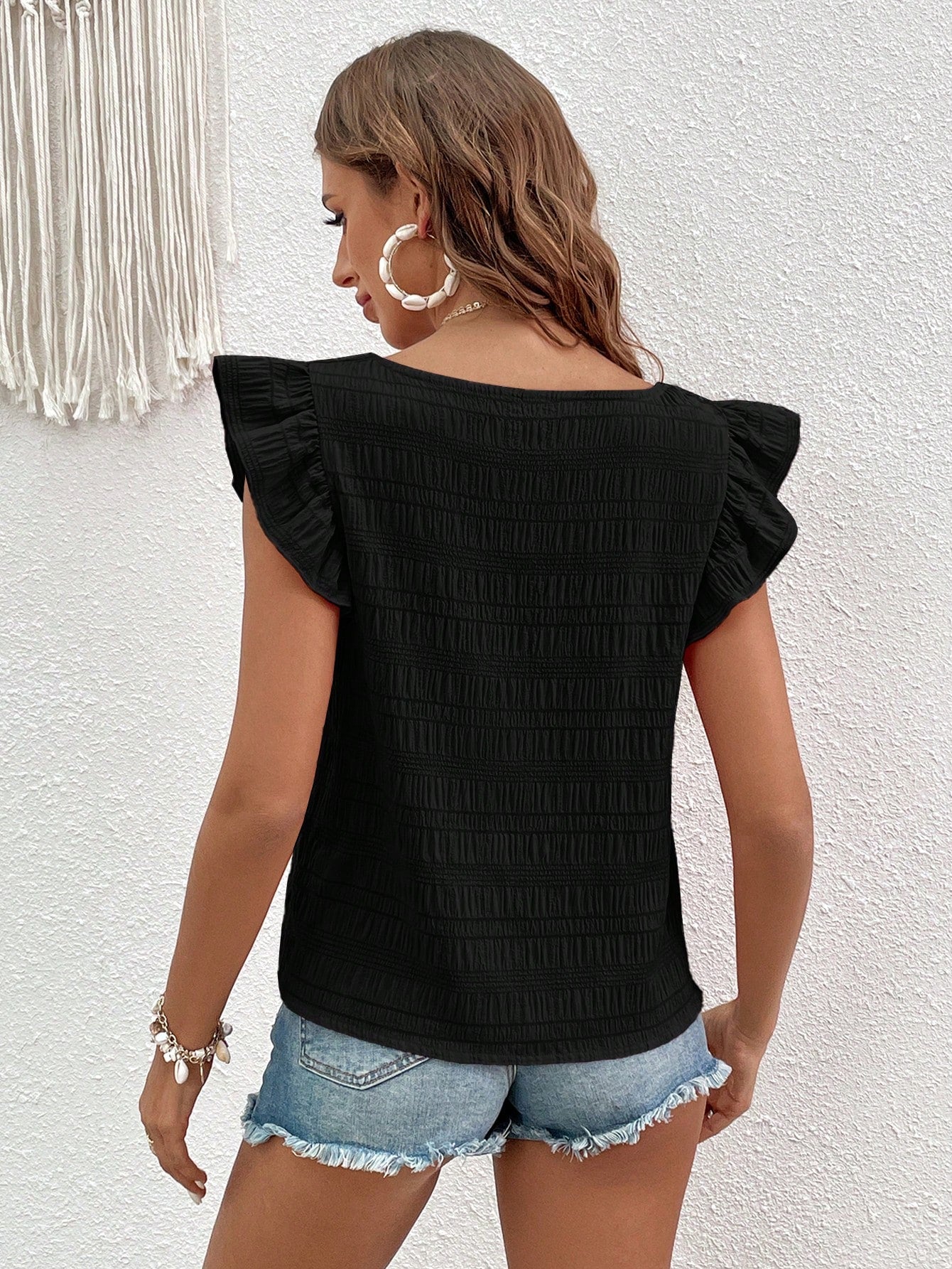 VCAY Solid Puff Sleeve Ruffle Trim Blouse Square Neck Top